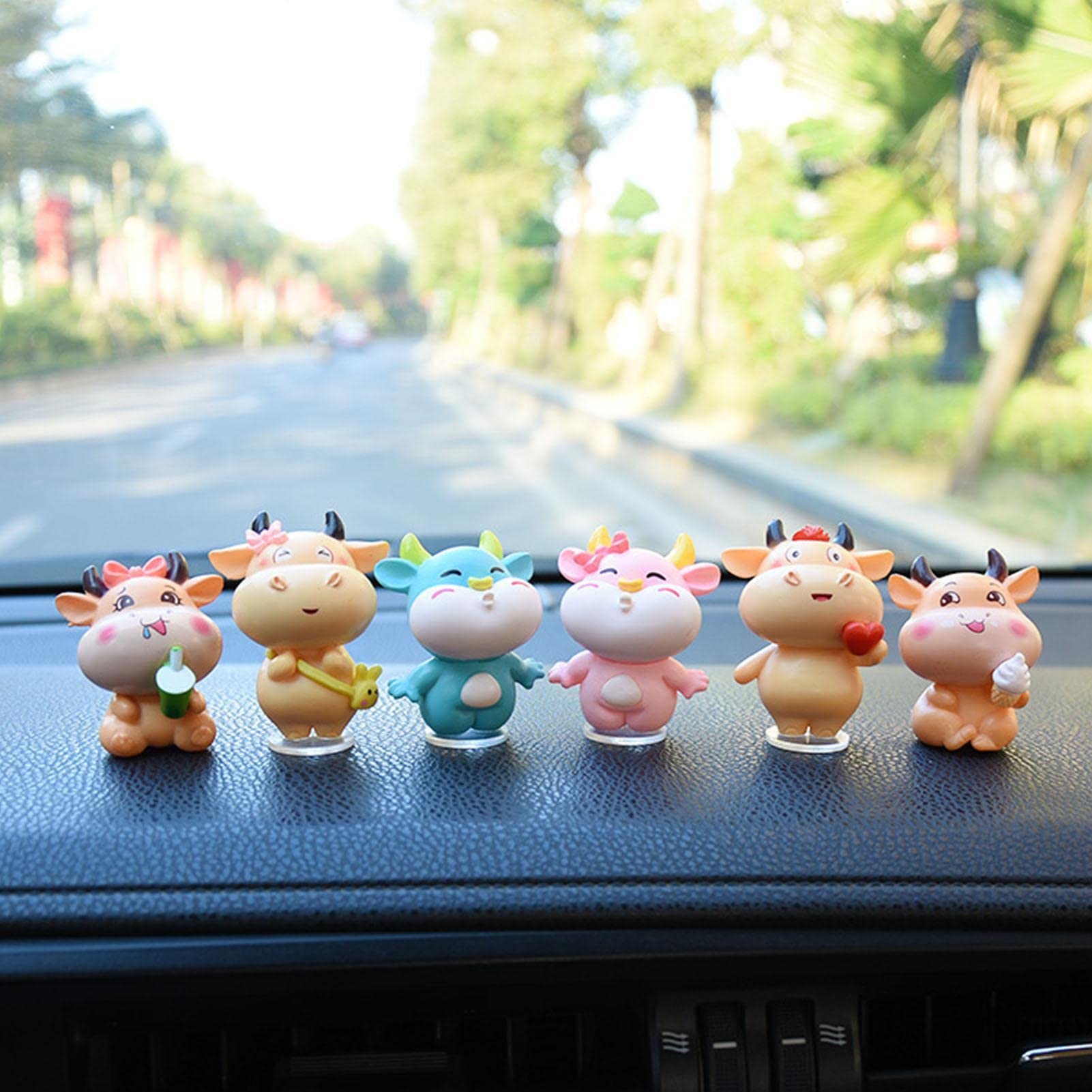 6-Piece Cute Cow Car Dashboard Decor Set - Luminous Resin Ornaments For Rearview Mirror & Dashboard (Clear White) - View #8