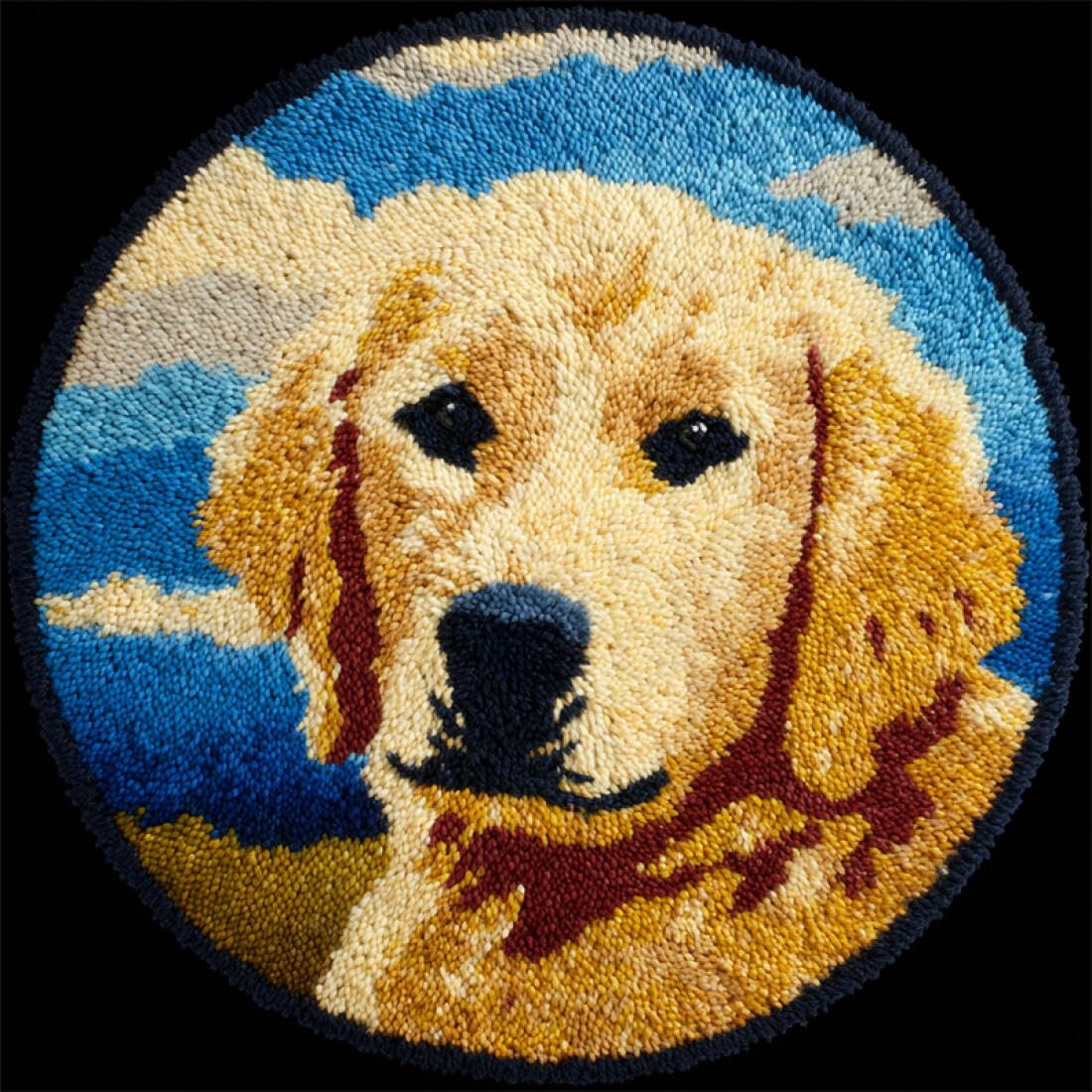 Rqwybcaxn DIY Latch Hook Rug Kit for Beginners Animal Crochet Starter Kit Golden Retriever Portrait 60x60cm Round Tapestry with Crochet Hook Bedroom Craft Gift
