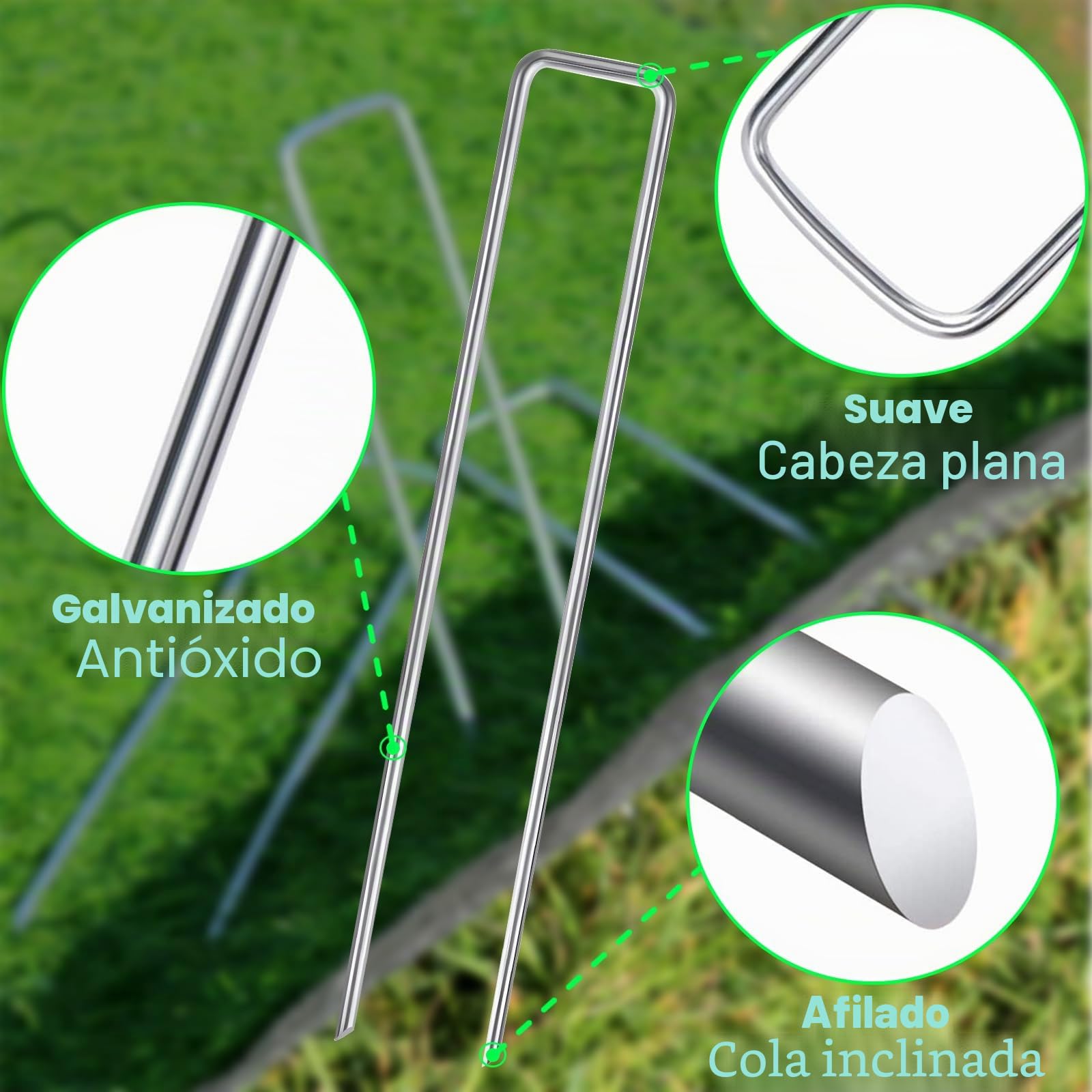 Frasheng Grapas Césped Artificial, 100 Grapas para Jardín y 30 Arandelas, 150x30x3mm, Acero Galvanizado, Grapas para Malla Antihierba, Cesped Artificial y Jardin