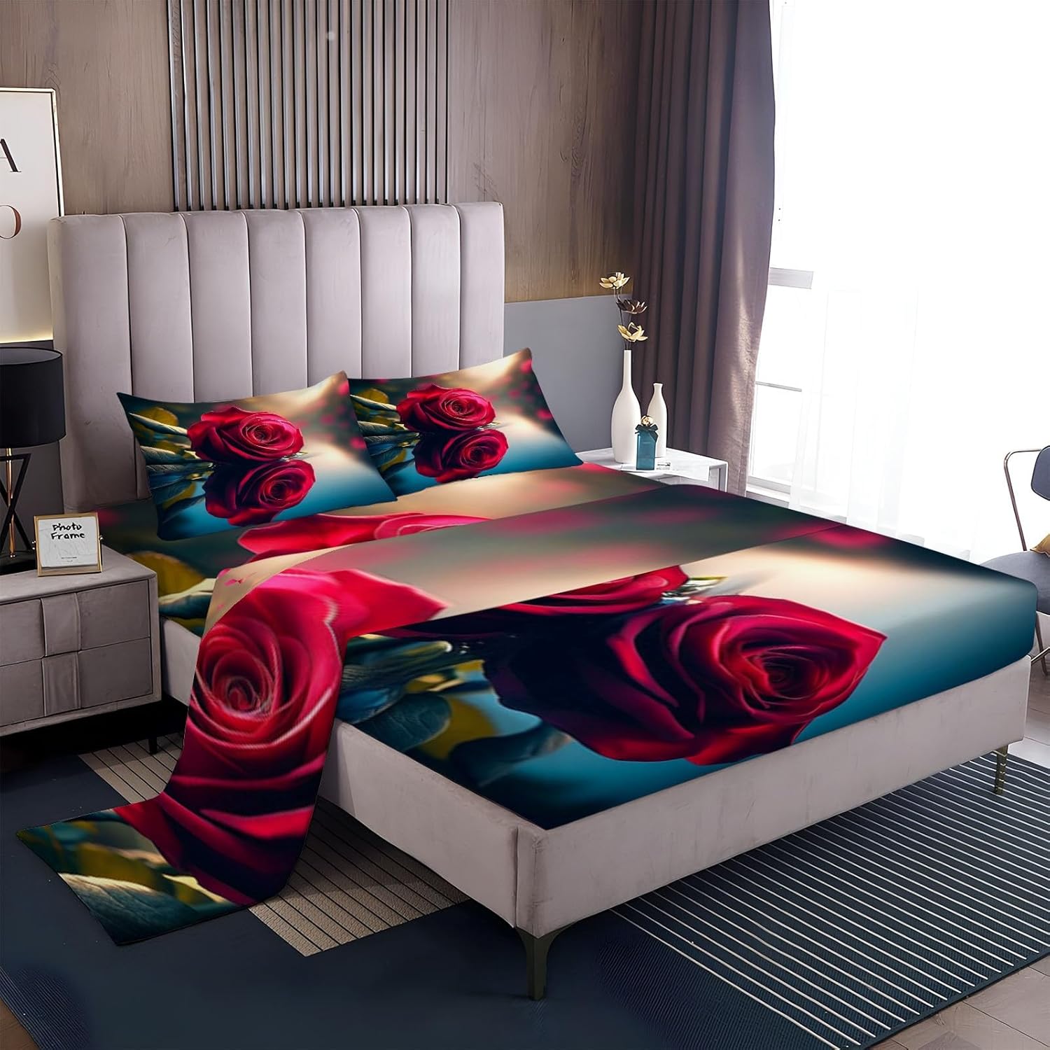 Flower Red Rose Depth of Field King Sheets Set Fitted Flat Sheet & Pillowcase Sets 4 Piece, Bed Sheets Brushed Microfiber Soft and Breathable, Deep Pocket Fitted Sheet Easy Care