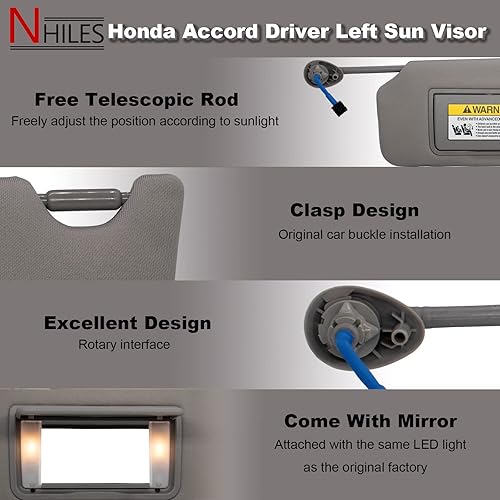 Miniatura 9 de NHILES Visera solar derecha para pasajero compatible con Honda Accord 2008 2009 2010 2011 2012 2013 2014 2015 2016 2017 con luz de repuesto #