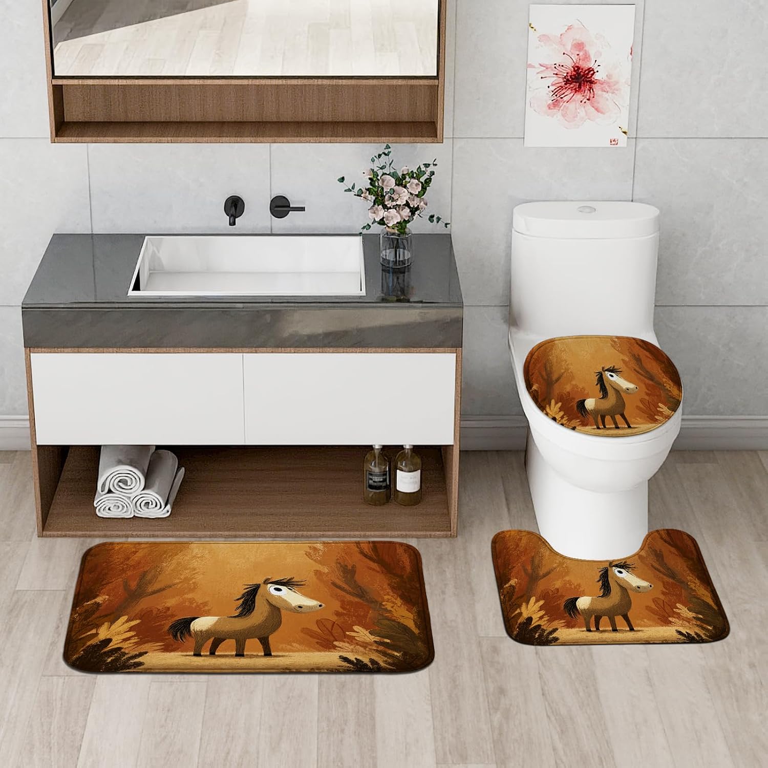 4PCS Fall Cartoon Horse Kid Bathroom Accessory Sets with Non-Slip Rug, U Shape and Toilet Lid Cover Mat, Autumn Woodland Forest Animal Bathroom Decorative-72''x72''