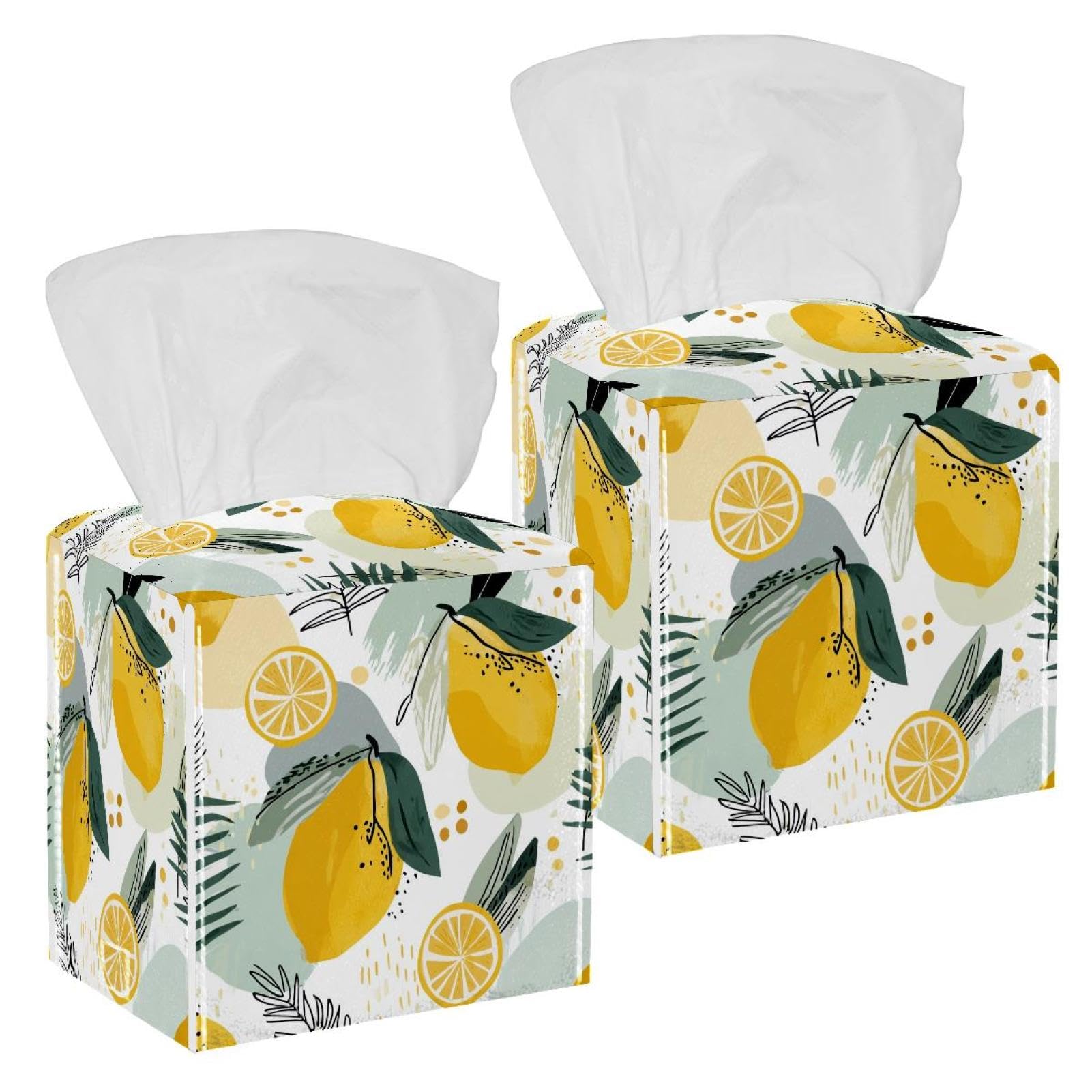 Lemons Tissue Box Cover, 2 Pack PU Leather Square Facial Tissue Dispenser Box holder for Home Office Car
