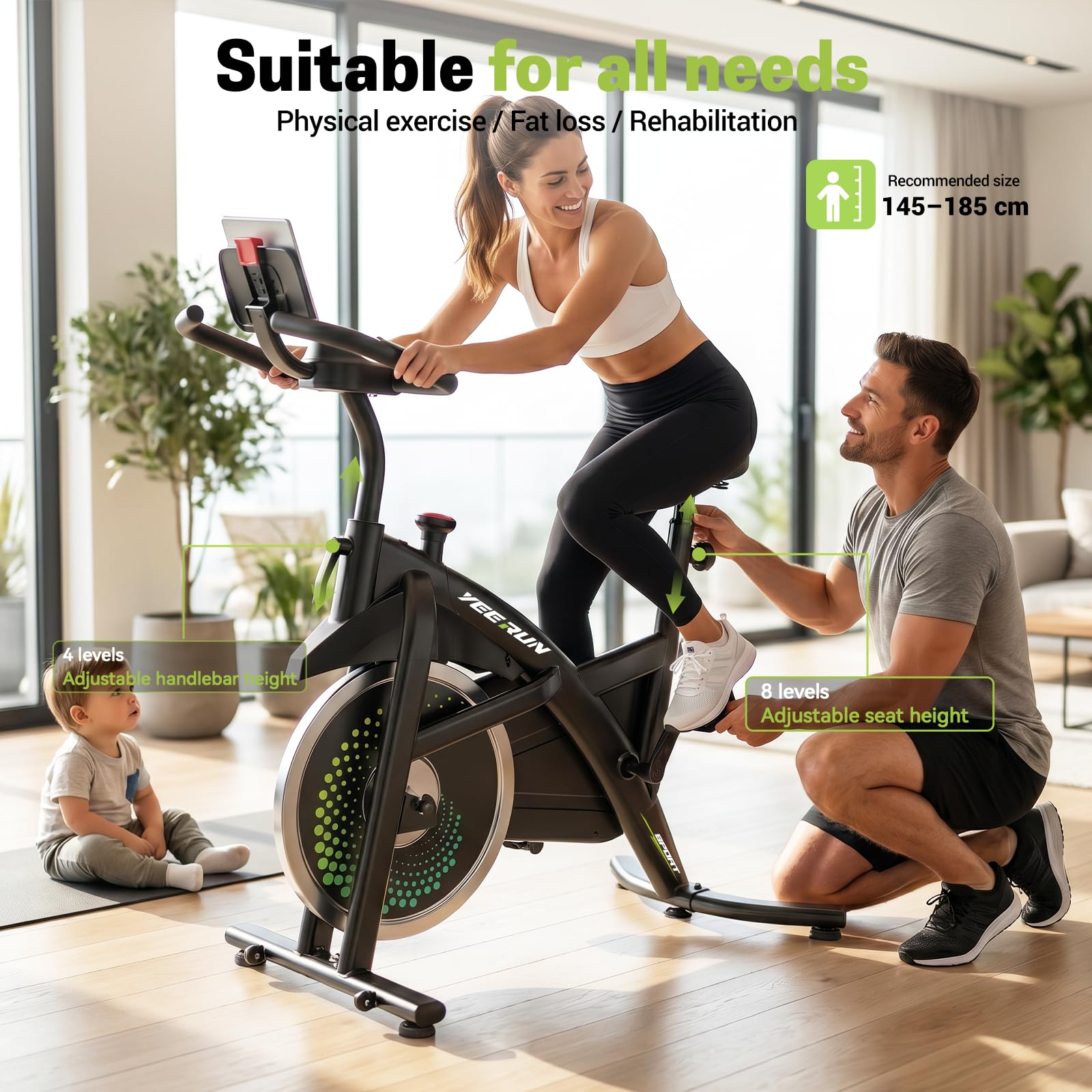 Bicicleta estática Q8 silenciosa de frenado magnético | Resistencia 0-100% ajustable | Pantalla LCD multifunción | Pulsómetro | Asiento/manillar ajustables | Parada de emergencia | 150KG máx.