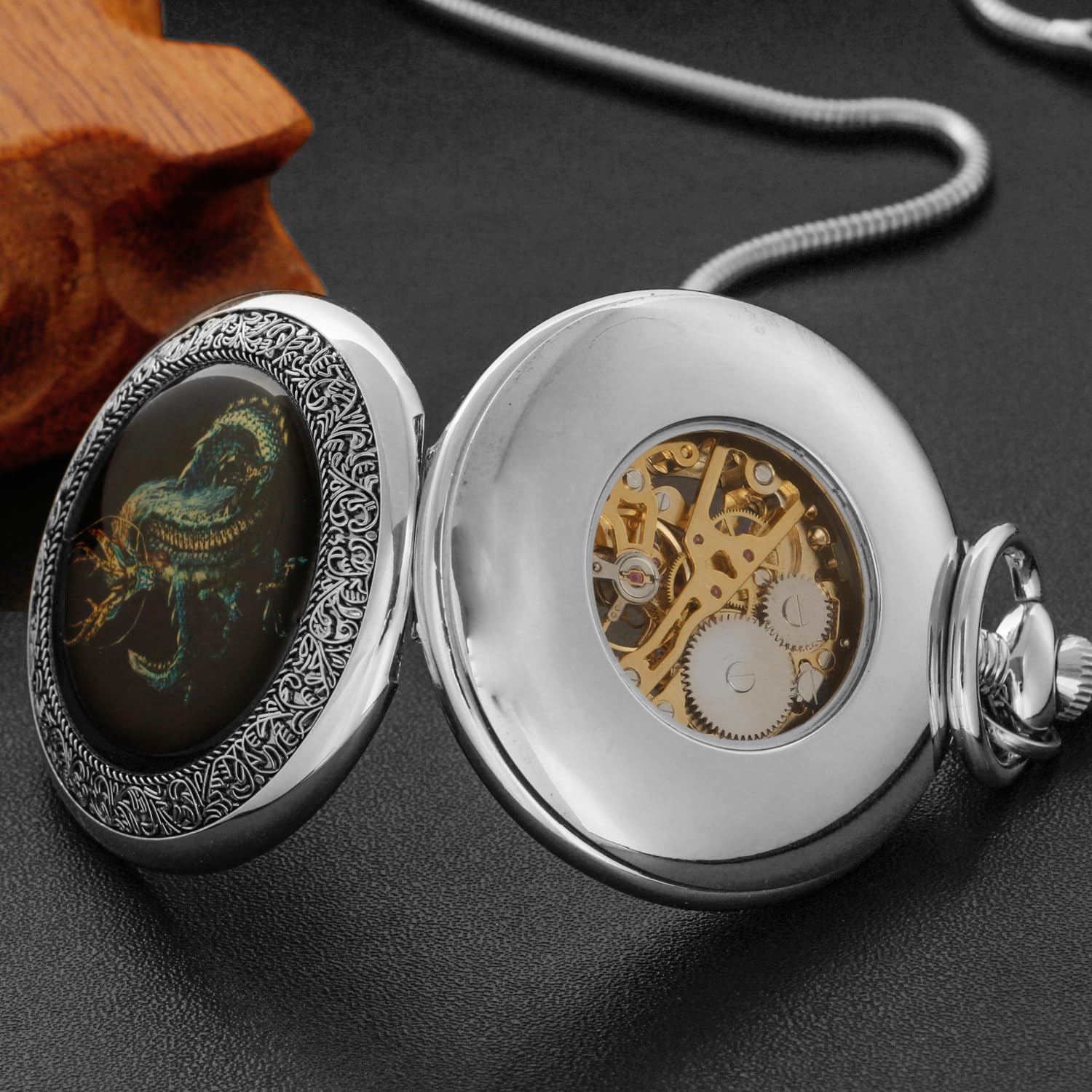 Tiong Mechanische Taschenuhr im Retro-Drachen-Design, mechanische Taschenuhr, römische Ziffern, mechanische Taschenuhren für Herren, mit Kette, Geschenk, Mpw151-UK…