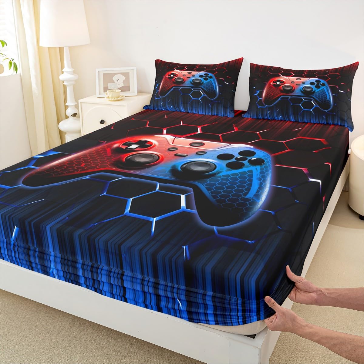 Parure de lit manette de jeu grand lit en polyester doux rouge et bleu avec 2 taies