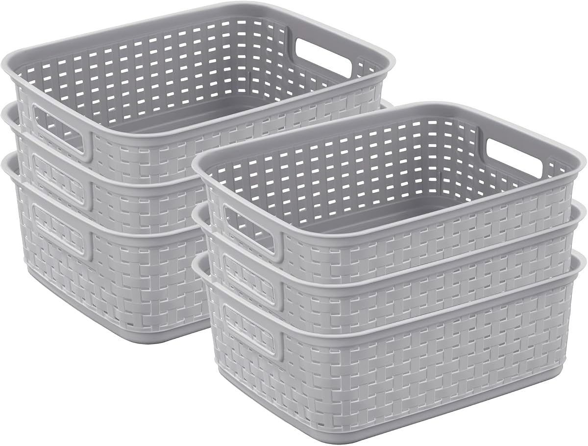Short Weave Basket, Rectangular Plastic Décor Bin, Gray, 6 Pack | Multi-Purpose and Decorative Organizer for Clothes, Shelves, Closets, Pantries, Living Rooms or Offices