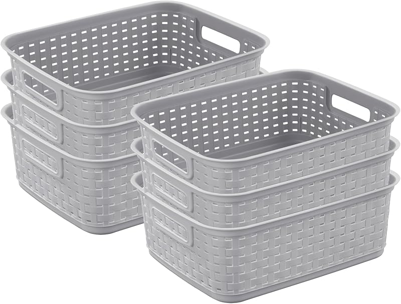 Short Weave Basket, Rectangular Plastic Décor Bin, Gray, 6 Pack | Multi-Purpose and Decorative Organizer for Clothes, Shelves, Closets, Pantries, Living Rooms or Offices