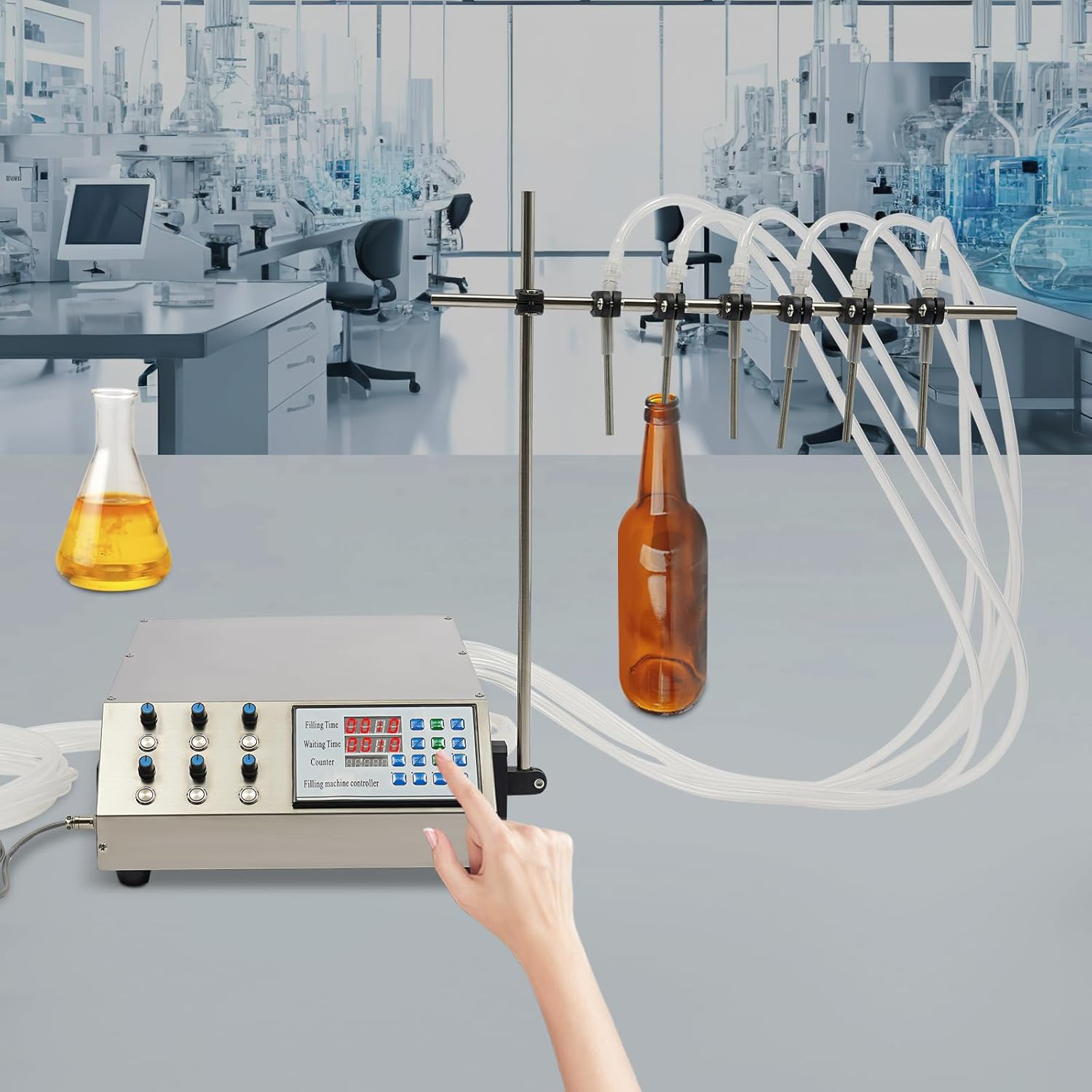 6 Head Liquid Filling Machine, 300W Bottle Filler Machine Digital Control Automatic Bottle Filling Machine with LED Display for Factories, Personal Studios 20.47 * 13.39 * 5.12in