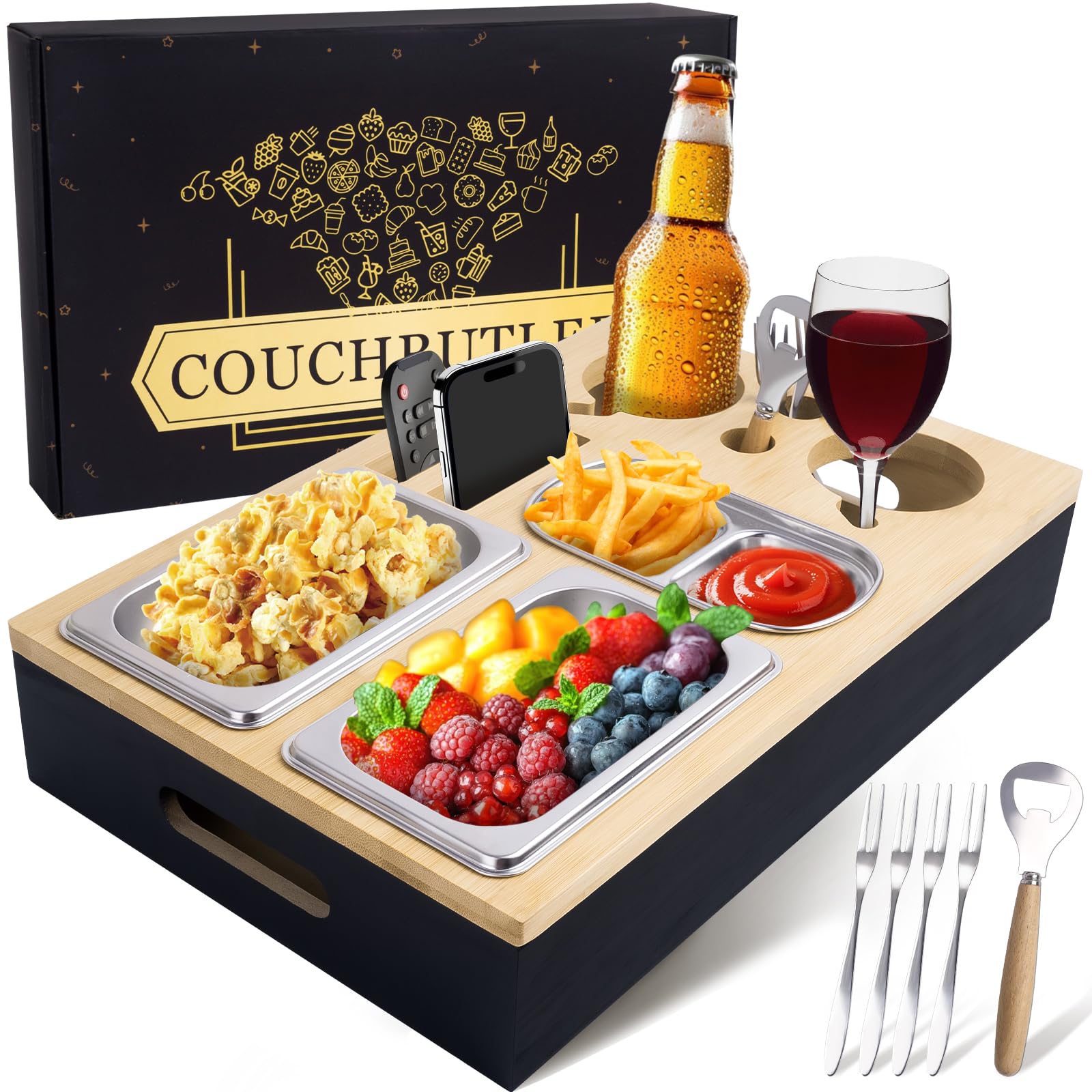 Canapé Bar avec Boîte Cadeau, Plateau de Canapé avec Boîte à Goûter, Fourchette à Fruits et Ouvre-Bouteille, Plateau de Service à Vin, Boîte à Collations Couchbar pour Le Salon, la Fête