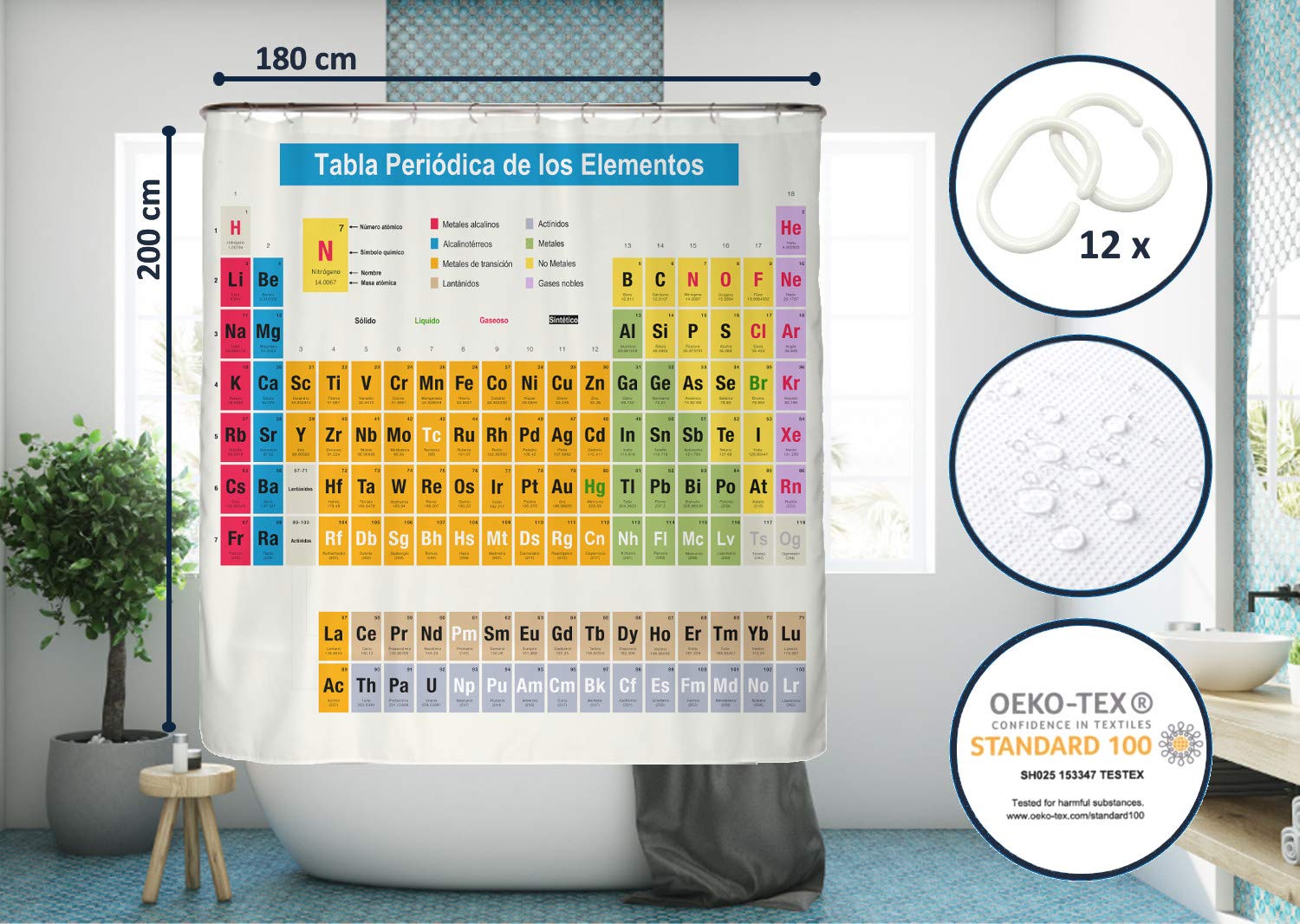 arteneur® - Cortina de Ducha 180x200 - Cortina de Baño Antimoho de Tela, Impermeable, Lavable y Opaco con Dobladillo Ponderado y Anillas (Tabla Periódica Española)
