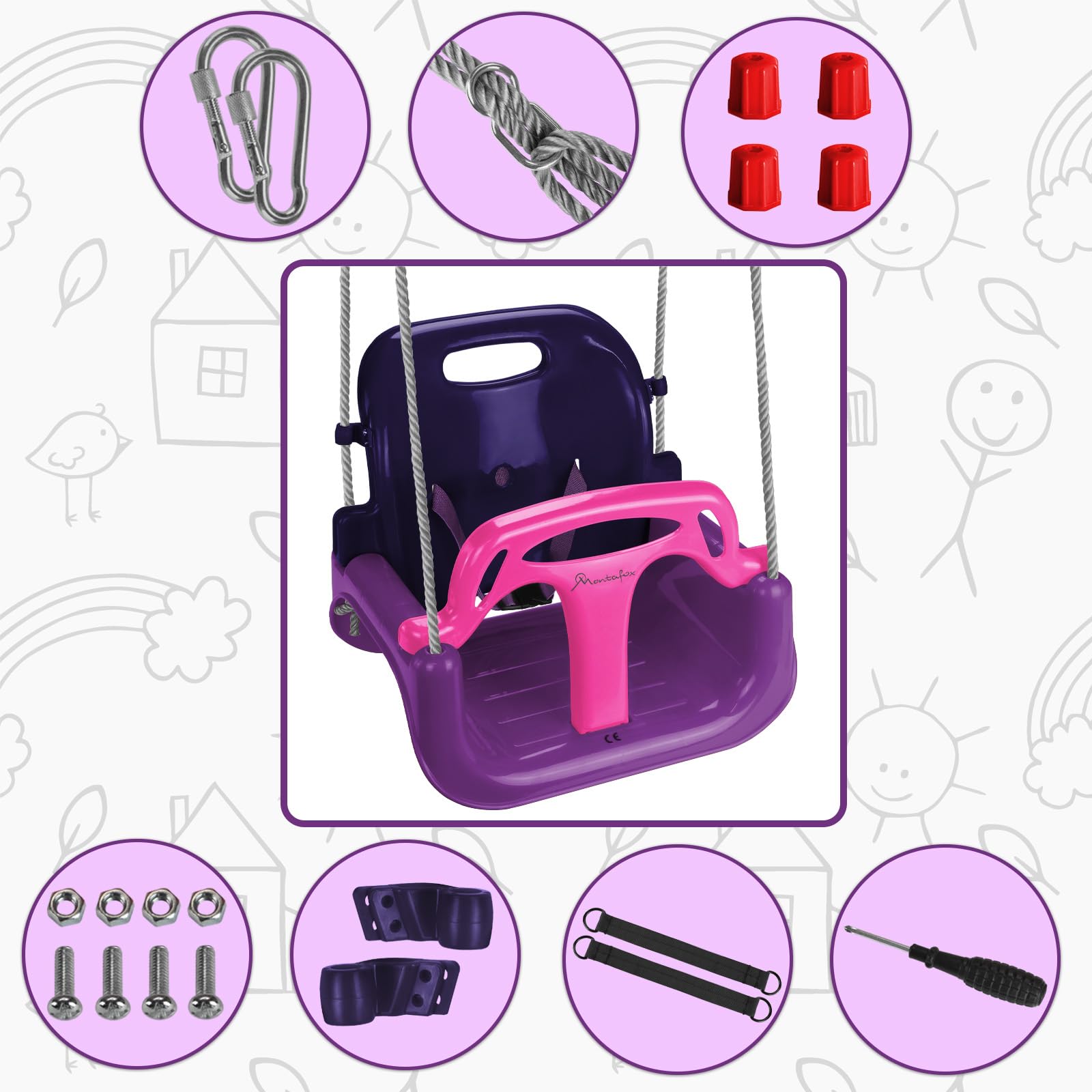 Montafox Columpio para niños bebés 3 en 1 Ajustable en Crecimiento con Respaldo arnés con Correa, Color:Lila