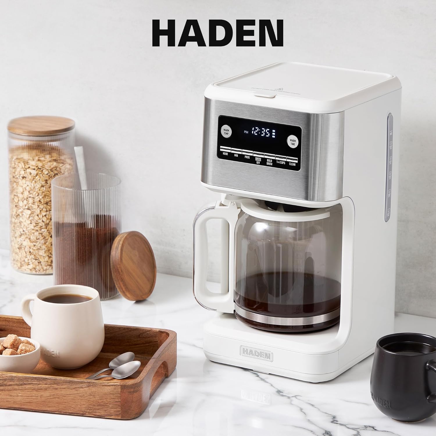 HADEN Generous Brew 14 Cup Coffee Maker with 120 Minute Keep Warm, Delay Brew, Adjustable Strength, Programmable Clock, and Anti Drip, Ivory/Chrome