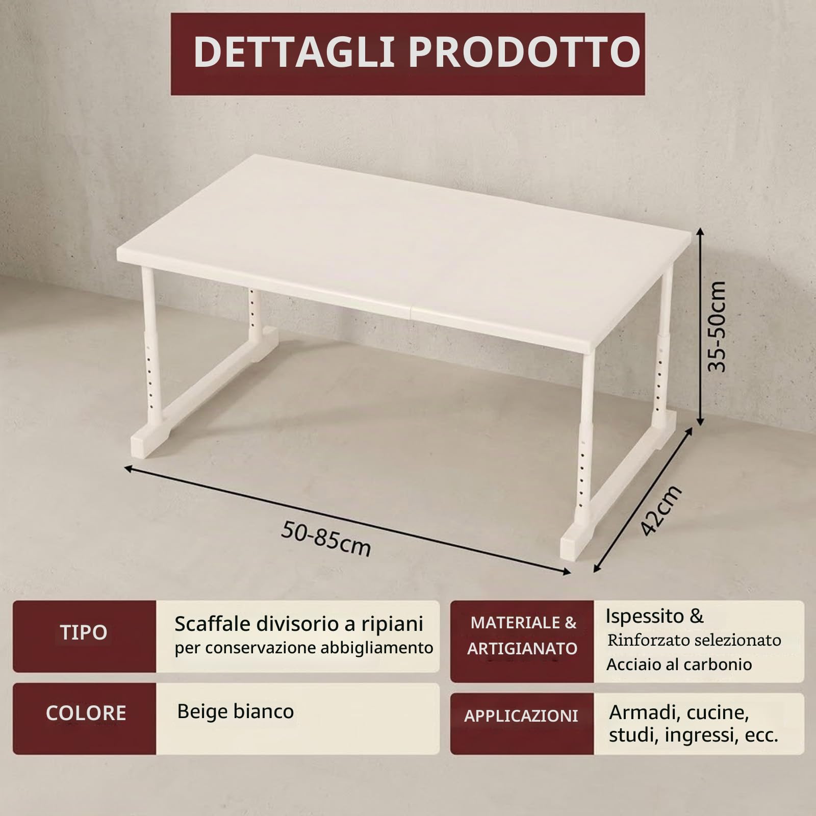 Mensola da cucina estensibile, scaffale da armadio regolabile in altezza, organizer da bancone impilabile, in acciaio al carbonio, mensola da pranzo beige, 50-85 x 42 x 35-50 cm