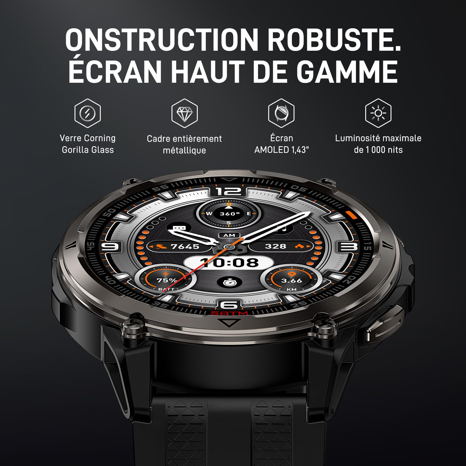 KOSPET ORB 2 Montre Connectée Homme, GPS, Lampe Torche LED et Talkie Walkie | Robuste, Militaire Lunette en Alliage, 1,43'' AMOLED, 5ATM/IP69, 500mAh, Moniteur de Fréquence Cardiaque/sommeil, Android/iOS