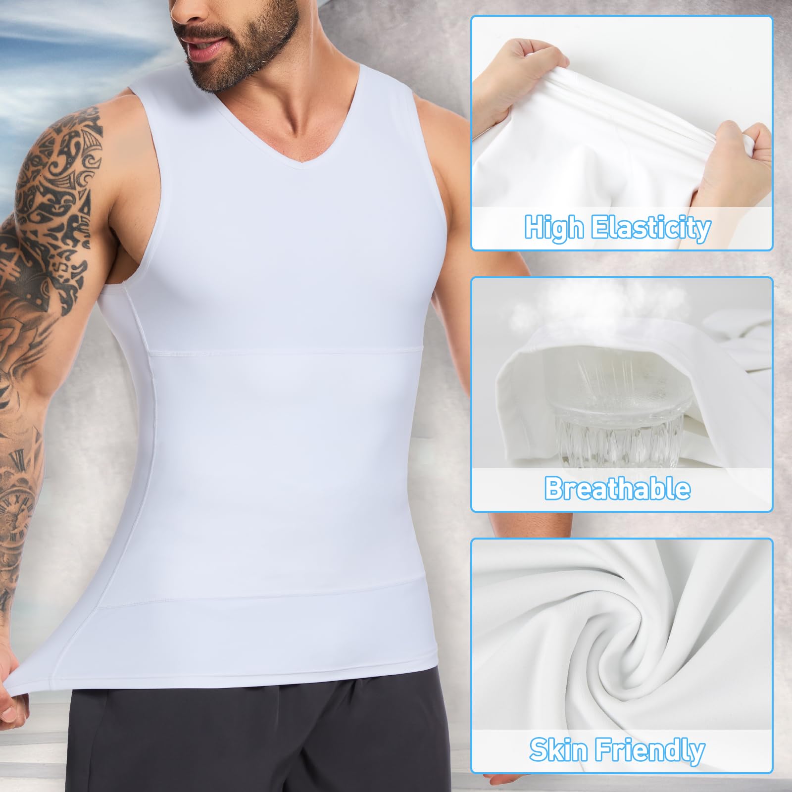 SLIMBELLE Gilet de compression pour homme avec col en V élastique et amincissant - Contrôle du ventre - Couche de base - Haut de compression galbant pour homme