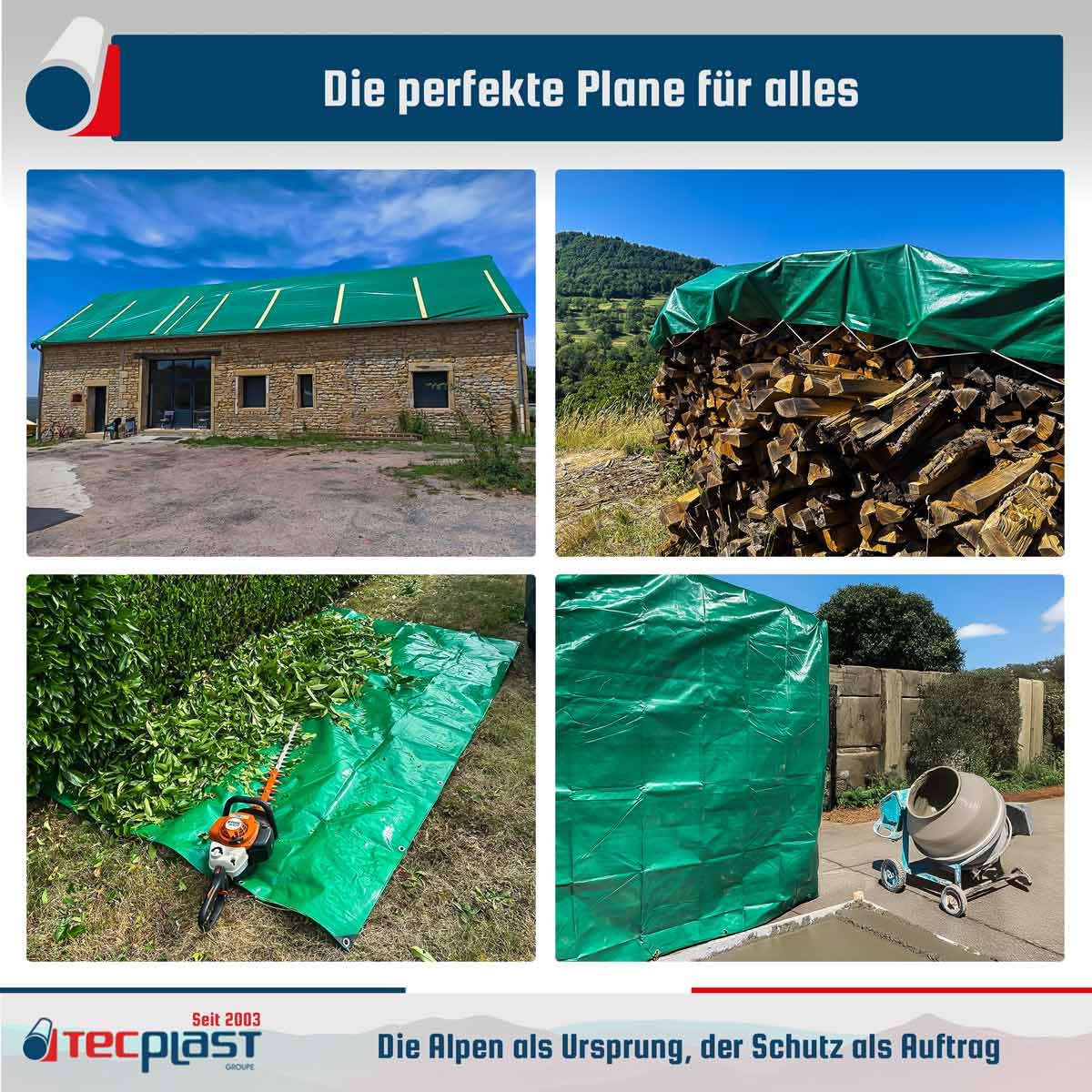 Schutzplane 8x12 m - TECPLAST - HQ250MU - Grün und Braun - Hohe Leistung - Wasserdichte Plane - Anti UV-beständig