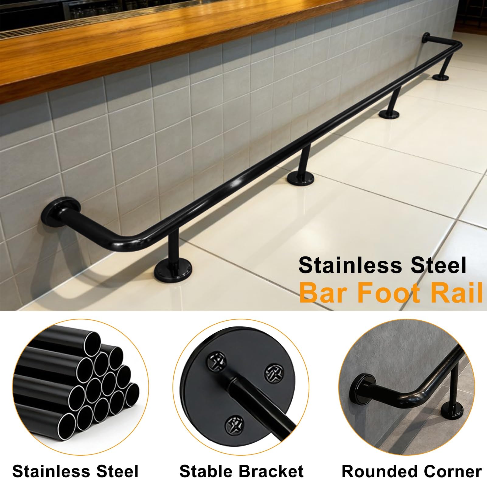 Repose-pieds en acier inoxydable robuste avec matériel de montage, support durable et confortable pour la maison, hôtel, restaurant, pub