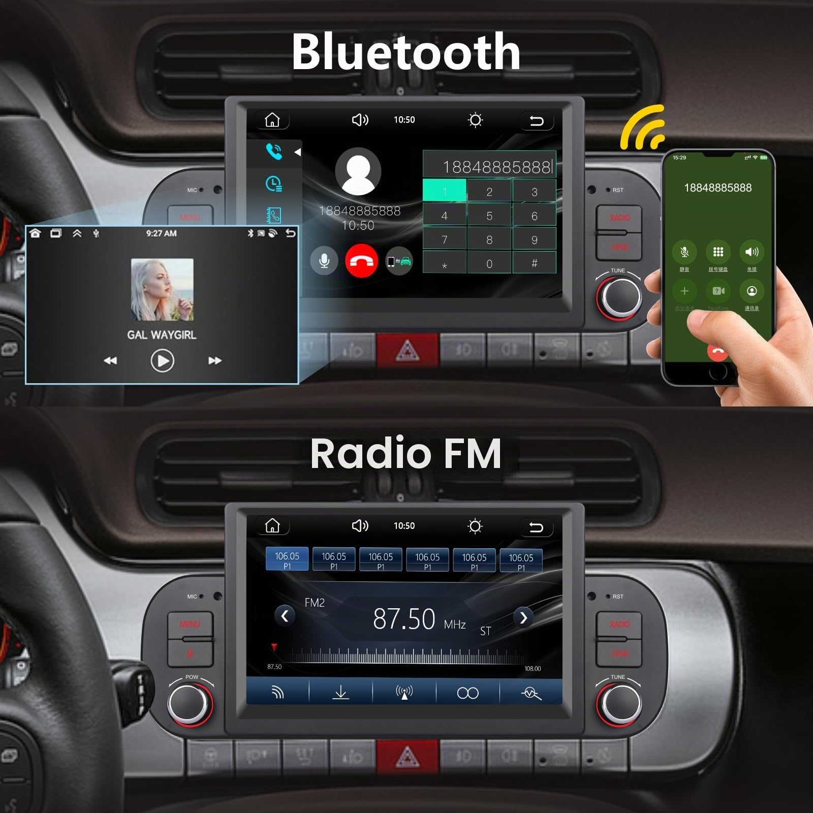 Autoradio Double DIN pour Fiat Panda 2013-2020 Apple Wireless Carplay et Android Auto Commande vocale avec écran Tactile IPS 7 Pouces/Bluetooth/FM/AM/USB/EQ