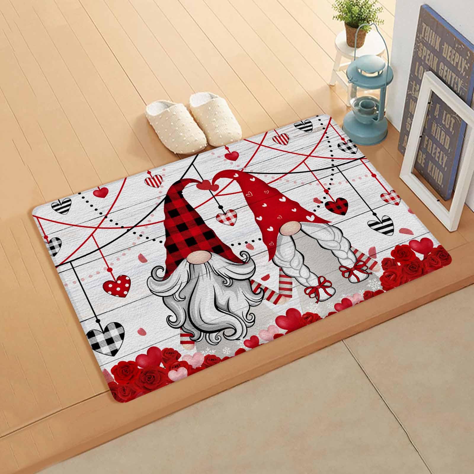 Valentine's Kitchen Bath Door Mat Cushioned Runner Rug,Washable Welcome Floor Sink Antifatigue Mat,Waterproof & Non-Slip Comfort Standing Doormat for Kitchen,Gnomes Love Rose Flower Woodgrain 24