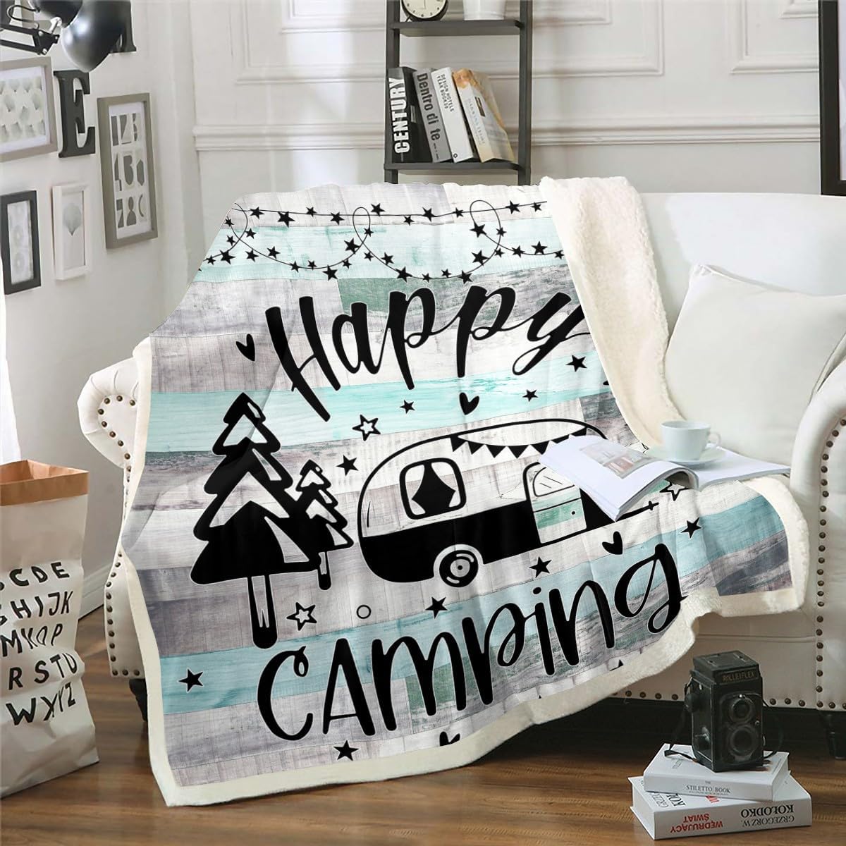 Feelyou Happy Camping Sherpa Blanket Camper Fleece Throw Blanket for Bed Sofa Couch Teens RV Decor Rustic Farmhouse Style Plush Blanket Queen 90"x90" RV Camping Fuzzy Blanket