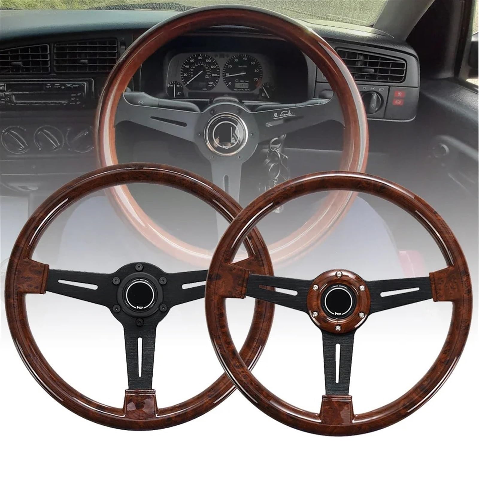 Universal Rennlenkrad 14 Zoll Holzmaserung Racing Lenkrad 350mm Retro Tiefe Mais Driften Sport Lenkräder Universal(A)