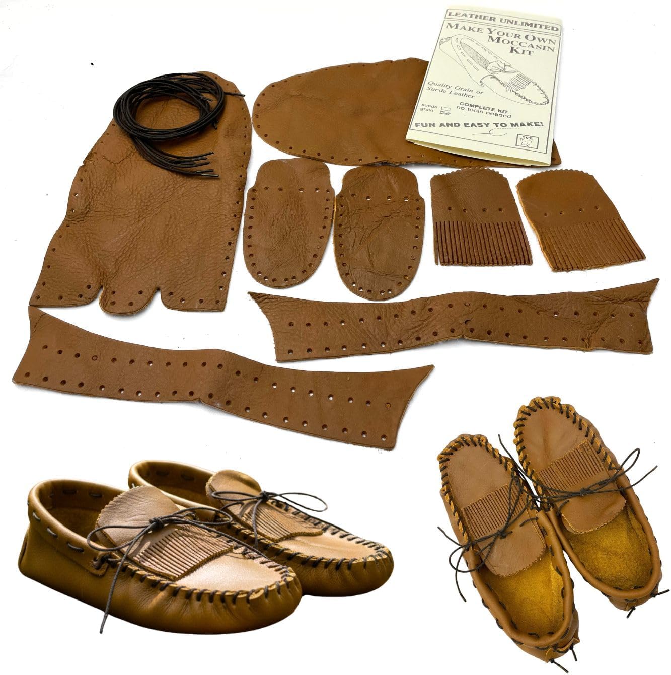 Moccasins Making Kit - Handmade Moccasins Kit - DIY Leather Moccasin Craft Project - Miscellaneous Brown or Tan Colors (Men's 9 / Women's 11 - Suede)