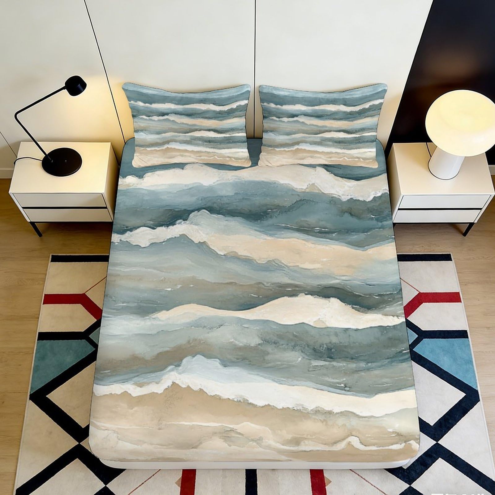 3D Printed Ocean Waves Fitted Sheet Microfiber Non Slip Beach Abstract Mattress Cover for Bedroom Guest Room Decor 120x200cm 120x200x25cm