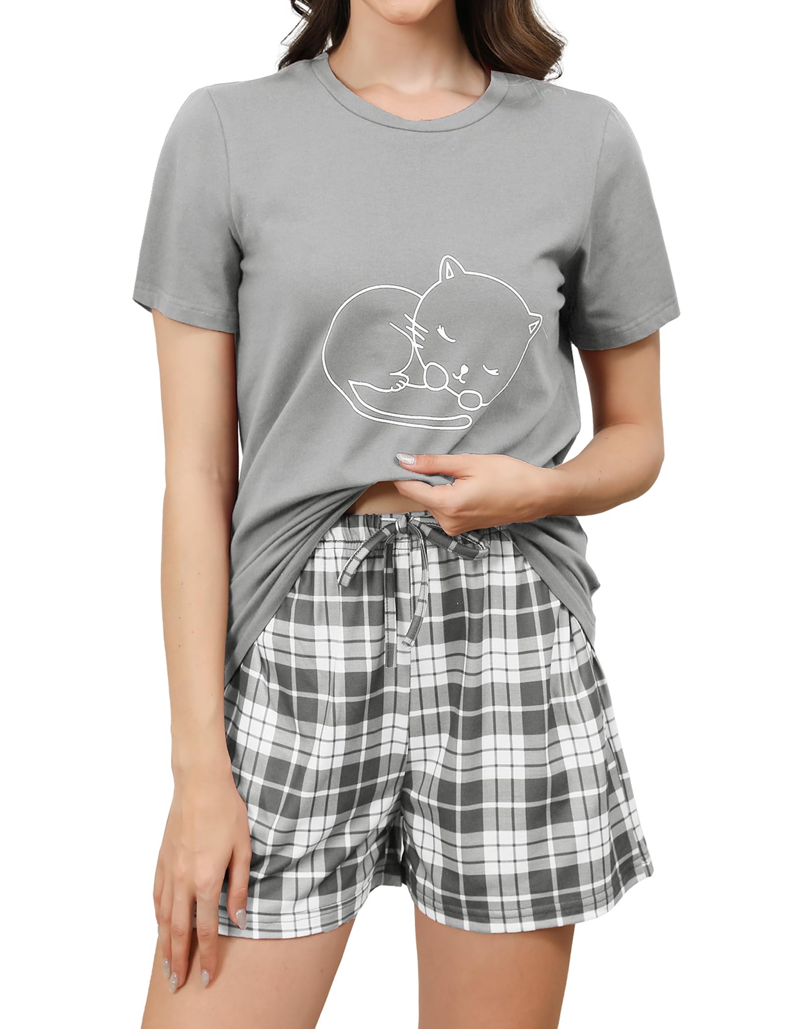 Reliwel Schlafanzug Damen Kurz Baumwolle Pyjama Set Kurzarm Nachtwäsche Set Sommer Zweiteiliger T-Shirt und Damen Pyjamahose Sleepwear Hausanzug Loungewear