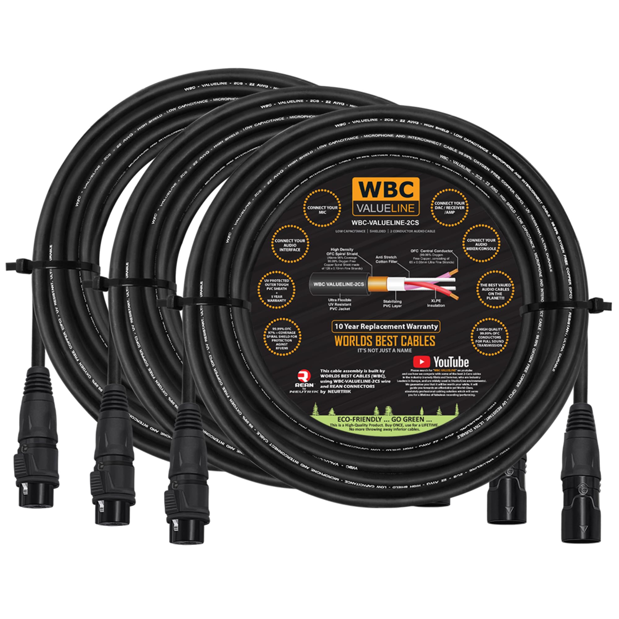 WBC-VALUELINE-2CS (22 AWG) - 3 unidades - Micrófono flexible equilibrado blindado de baja capacitancia de 150 pies, altavoces activos y cables de interconexión con conectores XLR dorados Neutrik-Rean
