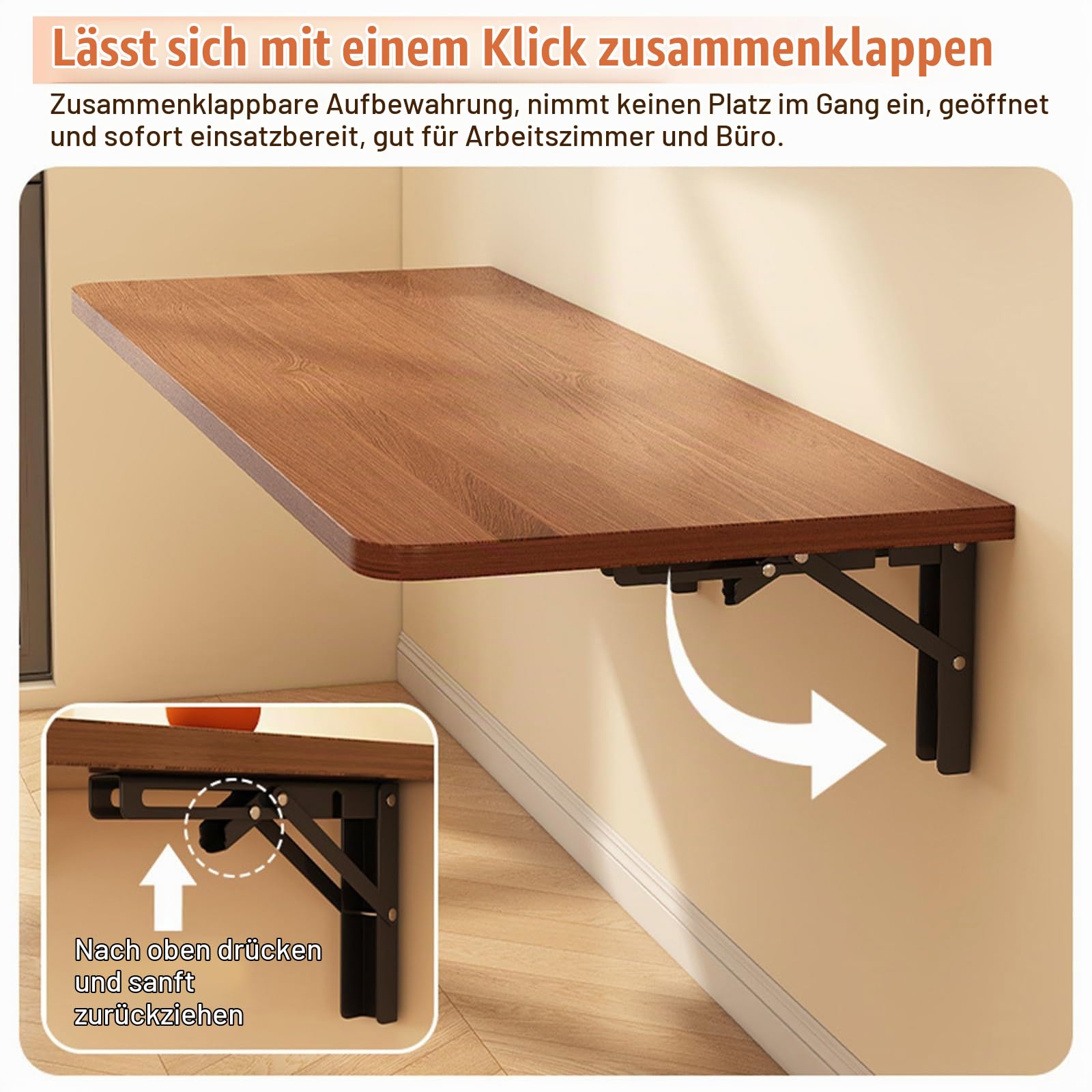 TWSOUL Wandklapptisch, 80 x 40 cm, Wandtisch Klappbar, Klapptisch Esstisch, für die Wand Bartisch, Klappbar zur Wandmontage, für Küche Wohnzimmer Kinderzimmer (Walnuss)
