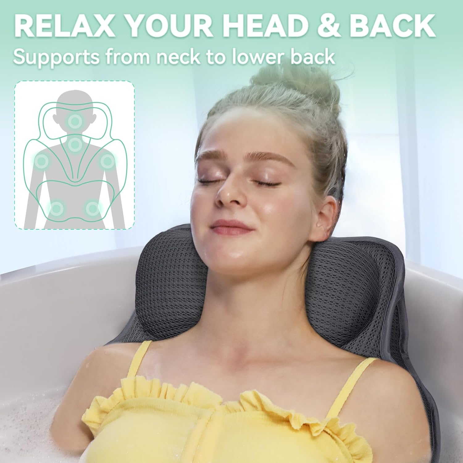 Bath Pillows for Tub - Luxury Bathtub Pillow Neck, Head, Back Support, Soft 4D Mesh Fabric and Non-Slip Suction Cups & Quick Dry, Comfort Fits All Tubs, Relaxation Spa Gift, Grey - Image 2