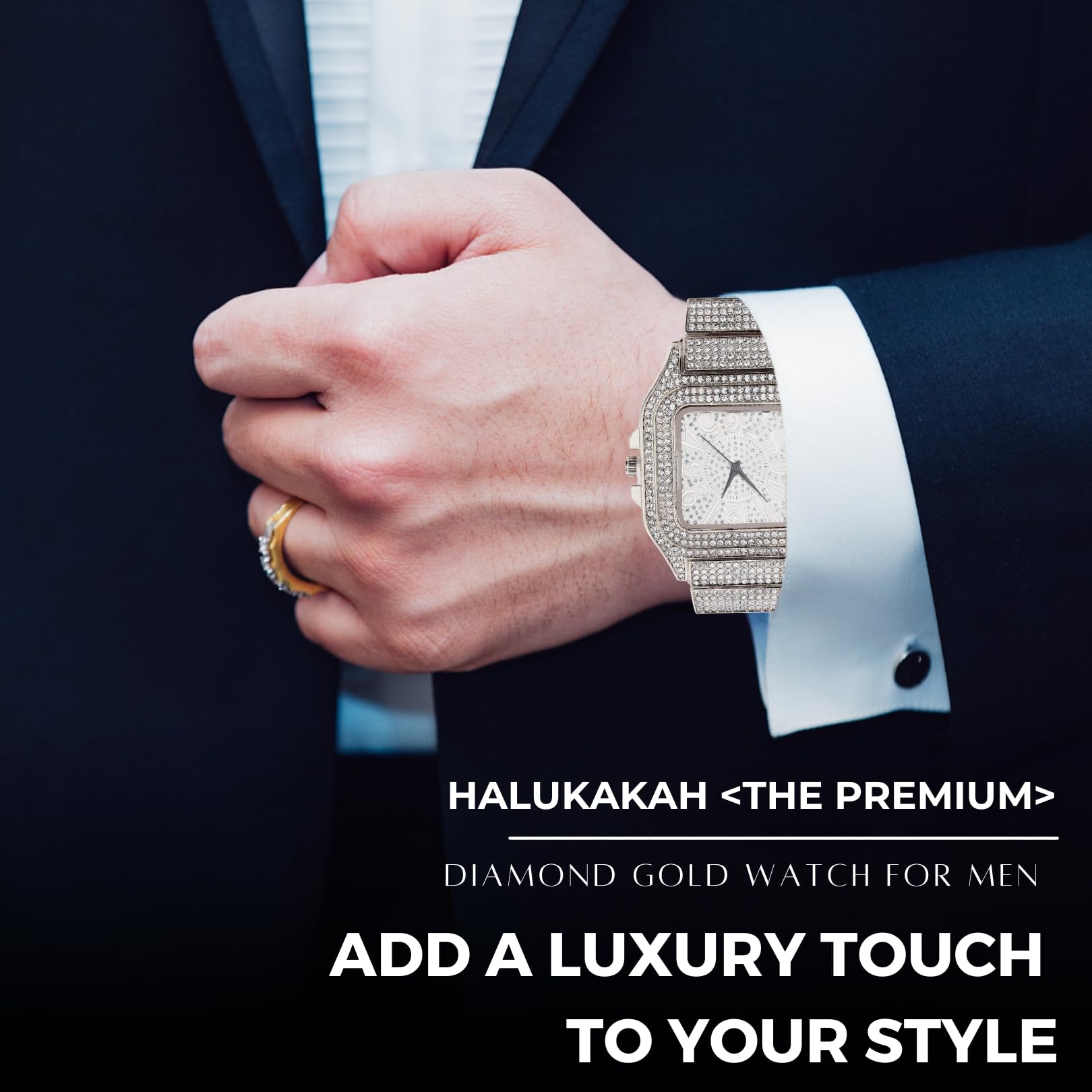 HALUKAKAH Reloj con Diamantes Iced out,Hombre Chapado en Oro 18K/Platino Oro Blanco Esfera con Números Árabes Cuarzo 22cm,Opcional con Cadena Cubana 20cm/45cm,Viene con Caja de Regalo