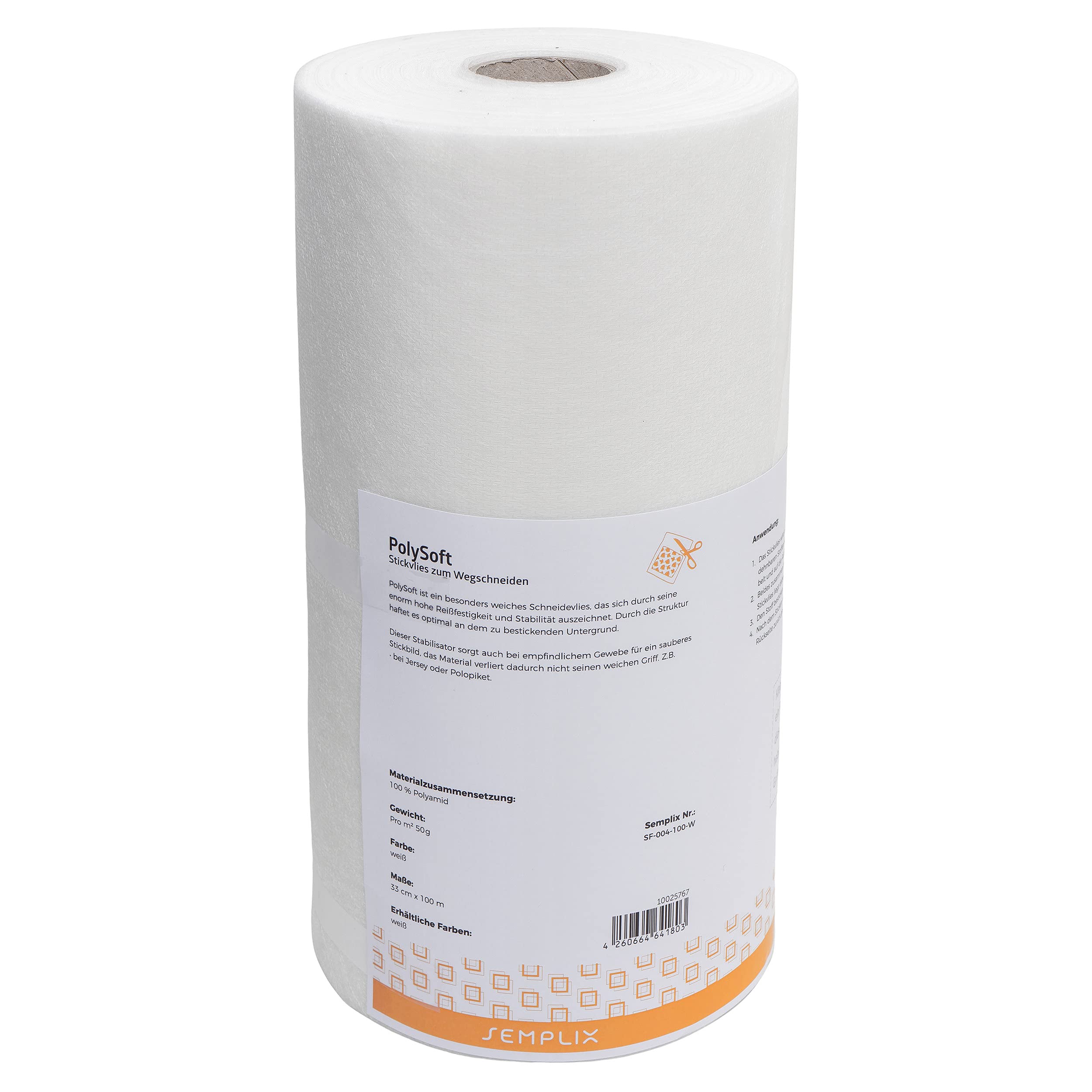 Semplix PolySoft – non-tissé à découper pour une broderie propre 33 cm x 100 m.