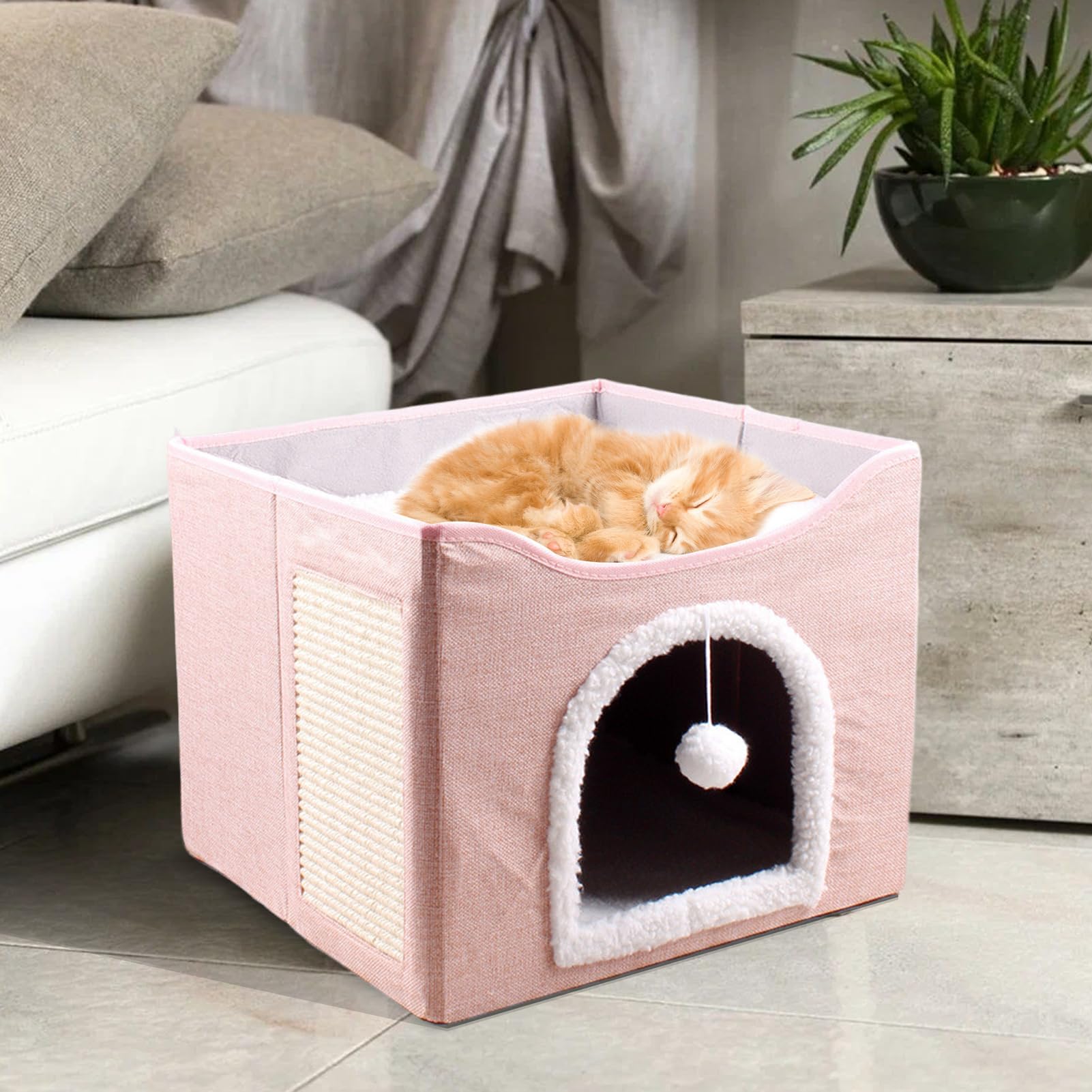 Grotta per gatti – Grande cuccia pieghevole per gatti, tenda per dormire, cubo per animali domestici con palla di peluche e cuscinetto antigraffio, per animali domestici