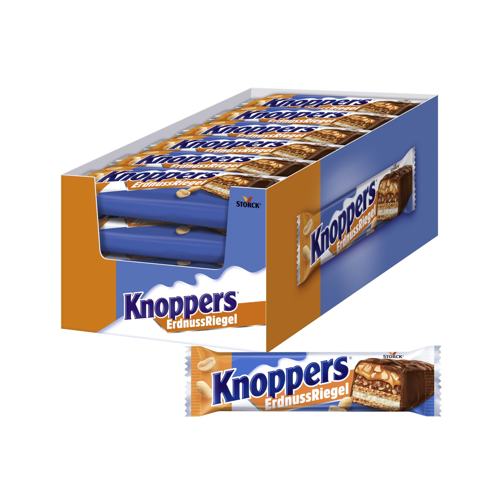 Knoppers ErdnussRiegel – 24 x 40 g – Schokoriegel mit Milch- und Erdnusscreme, gehackten salzigen Erdnüssen, Karamell und Vollmilchschokolade