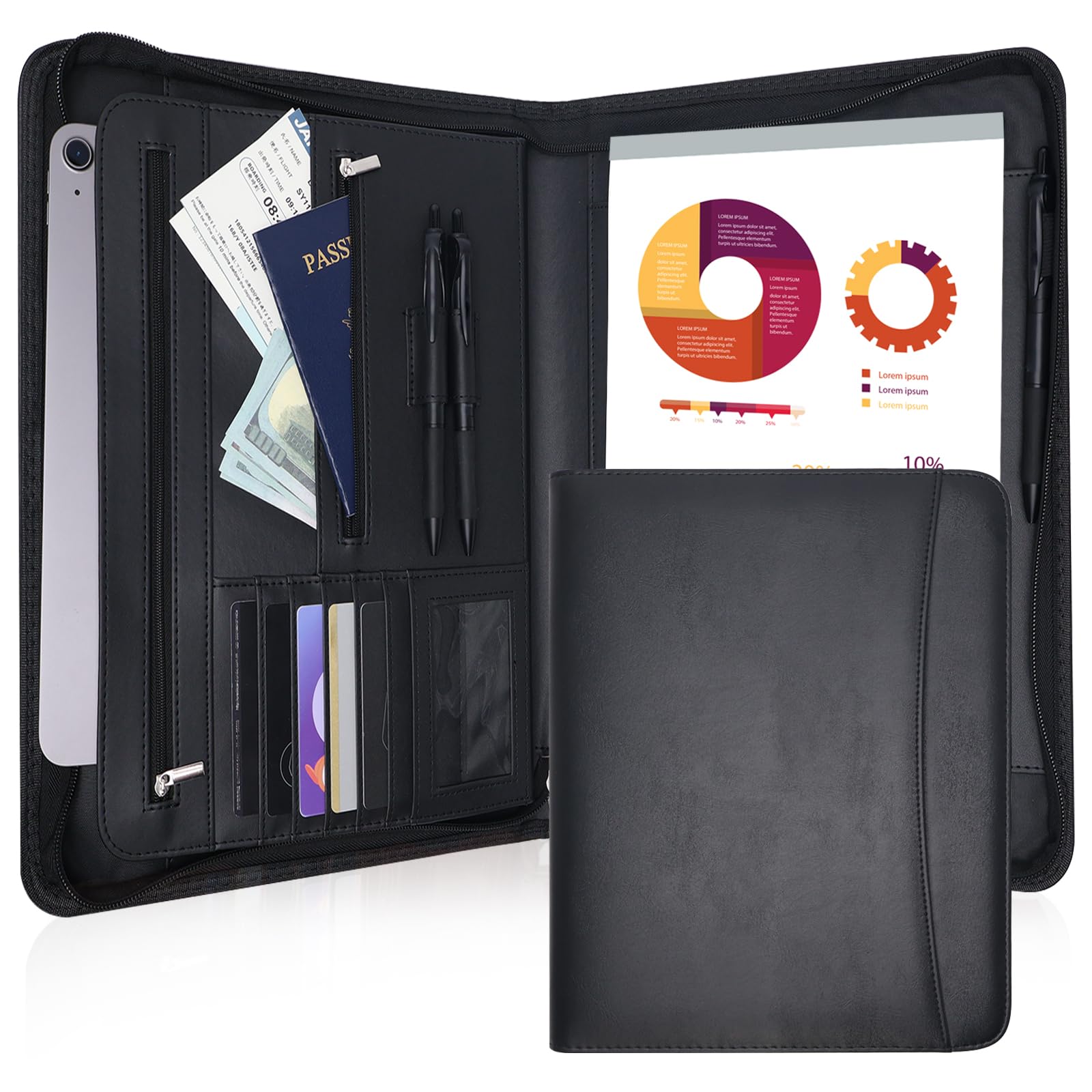 Vegan Leather Portfolio with Zipper, Portfolio Organizer with Pockets Letter Size, Professional Padfolio for Men and Women - Black