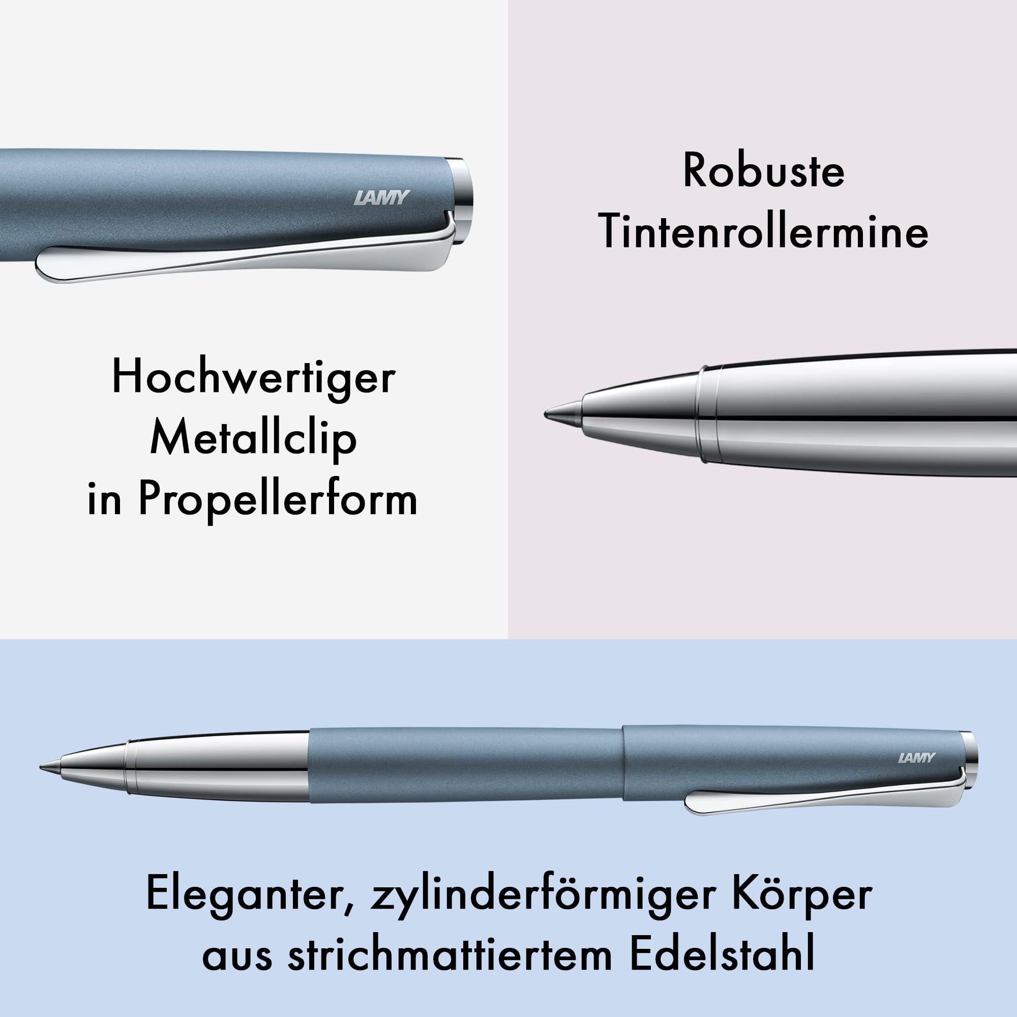 Lamy studio glacier Tintenroller in Strichbreite M | Lamy Tintenroller in elegantem Gehäuse aus Ganzmetall – mit propellerförmigem Clip – mit Tintenrollermine M 63 in schwarz