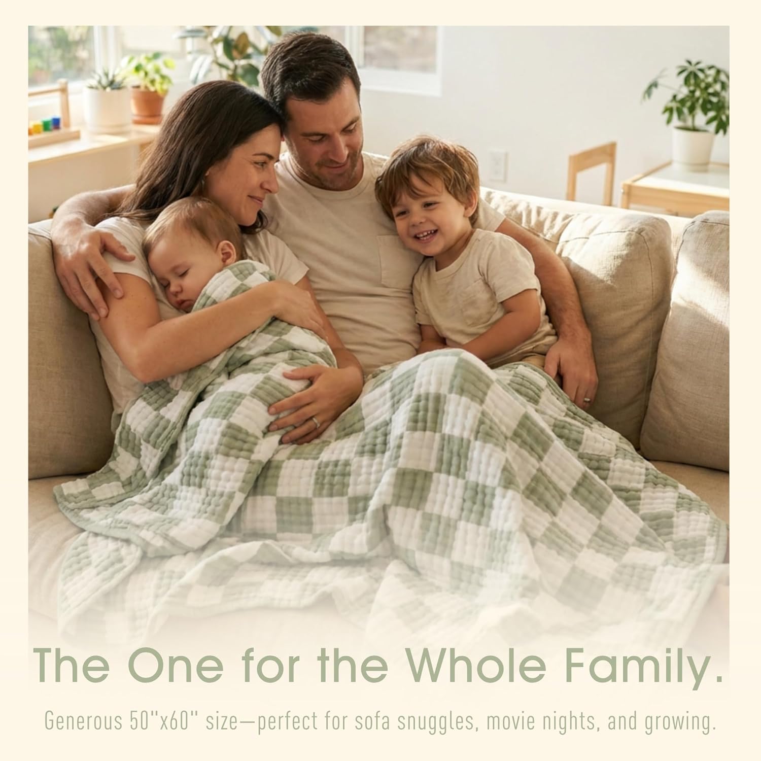 6-Layer Muslin Toddler Blanket - Made with Organic Cotton, Large 50x60 Crib Quilt & Bedding for Kids & Moms (Sage Green Checkered)