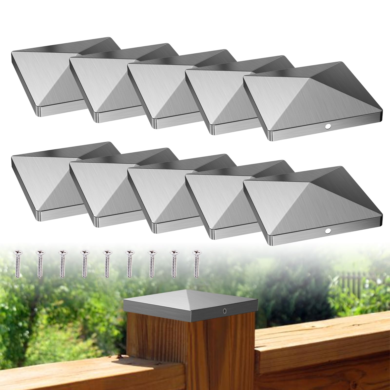 Fence Post Caps 3x3 / 4x4 inch, 10 PCS Stainless Steel Fence Toppers, Weatherproof Fence Post Toppers, Square Fence Caps with Screws, Fence Post Tops for Protection and Decoration (Silver, 4 x 4 inch)