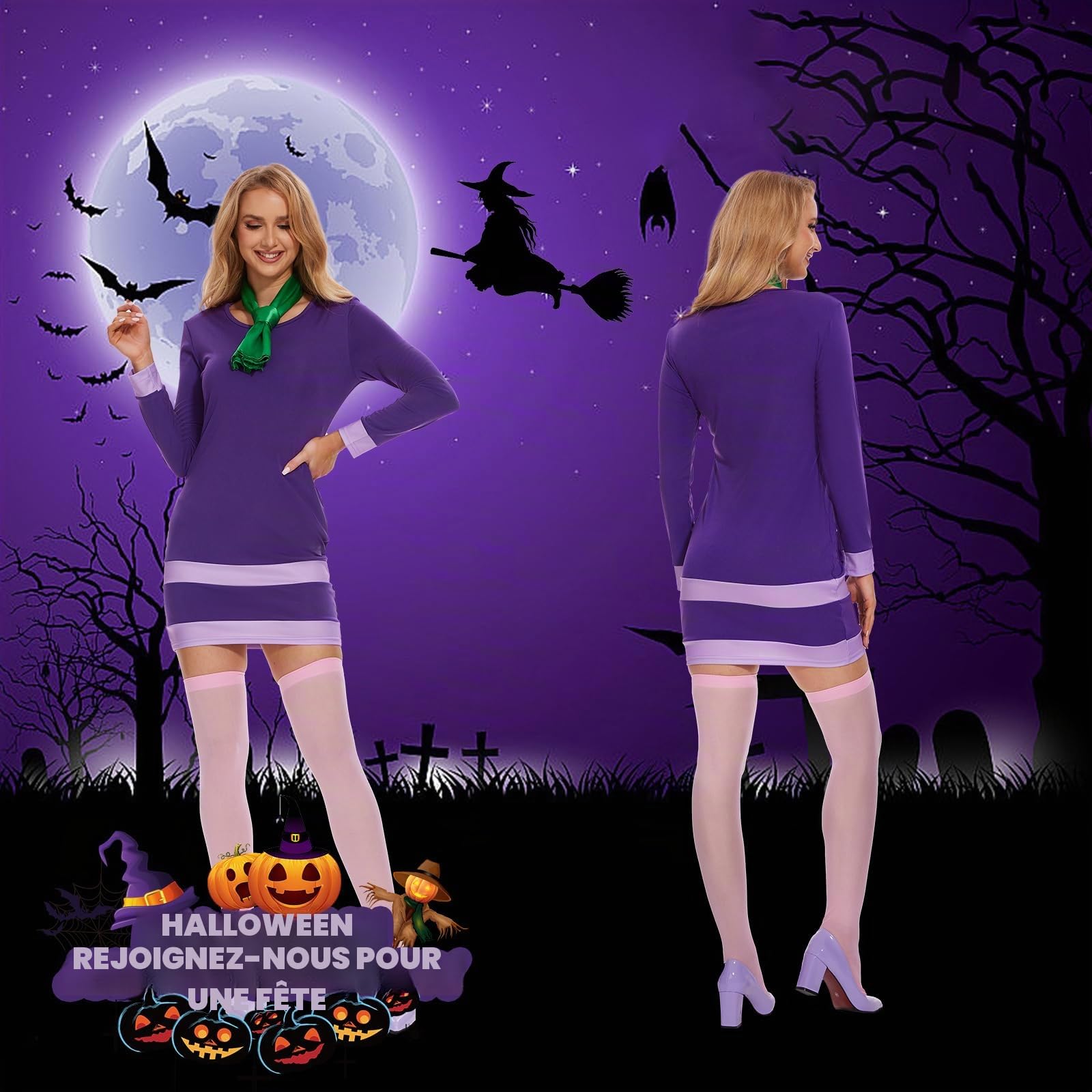 Halloween Deluxe Adult Costume for Women,Purple Dress, Wigs, Scarf Headband, Women Deluxe Classic Movie Characters Costume for Halloween Cosplay