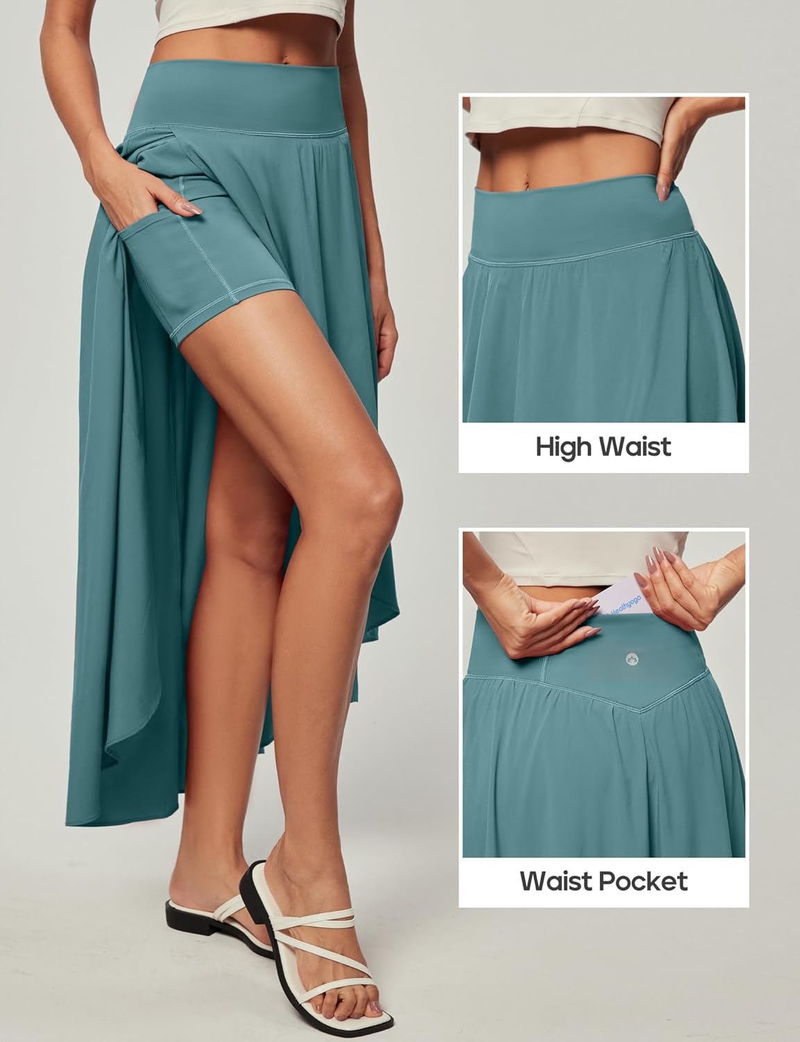 Heathyoga High Waist Wrap Skirt with Shorts Flowy Skirts for Women Trendy Summer Ruffle High Low Maxi Skirt with Slit - Image 4
