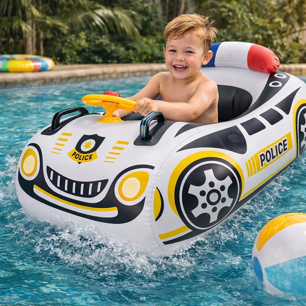 Toddler Pool Float Car with Steering Wheel No Flip Baby Pool Float with Seat&Backrest,Thick PVC Inflatable Police Car Baby Swim Float Kids Boat Float for 12-24 Months, Age 2-3, 3+ Years