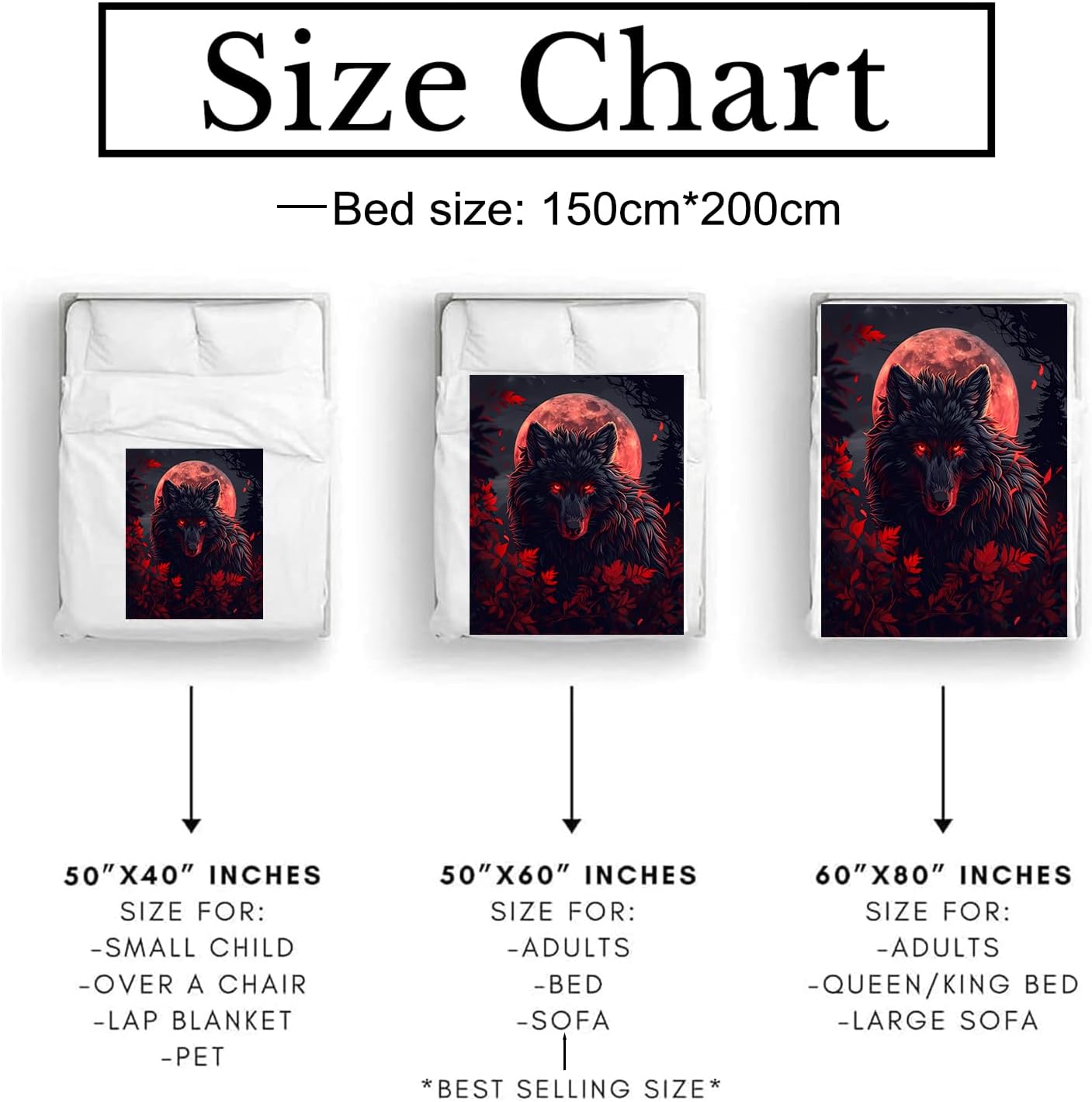 Fierce Wolf Blanket Soft Flannel Throw Blanket, Cozy & Warm Yet Lightweight Striking Red Moon Blankets for Couch, Bed, Travel, Fuzzy Outdoor Comfort Wrap, for Men Women Adults 60"×50"
