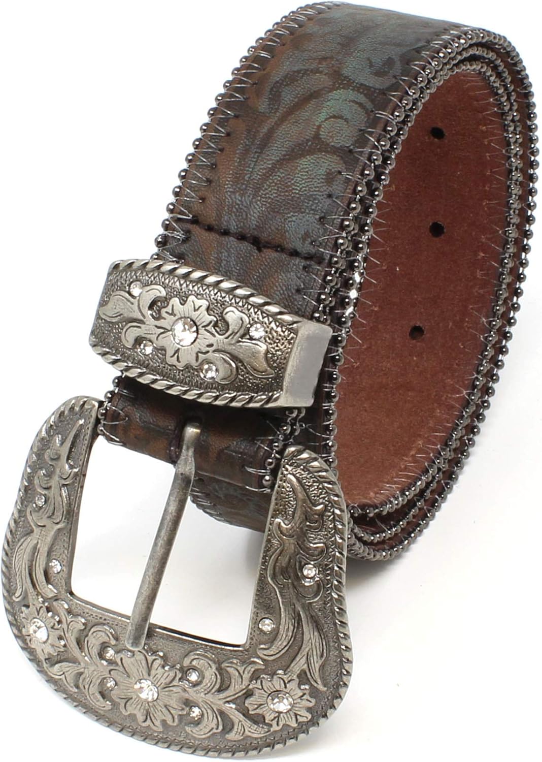 BC Belts Womens Western Leather Belt - 1.5” Wide Embossed Brown & Turquoise Vintage Strap Tooled Antique Silver Scroll Buckle - Image 6