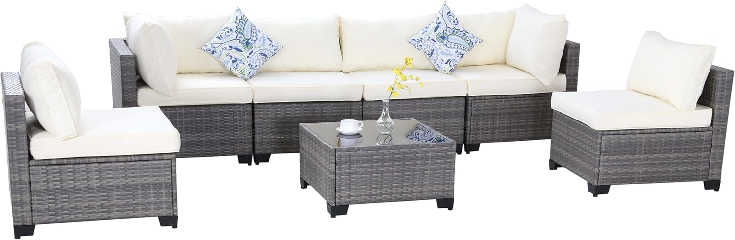 All-Weather 7-Piece Gray PE Wicker Patio Conversation Set with Beige Cushions and Coffee Table