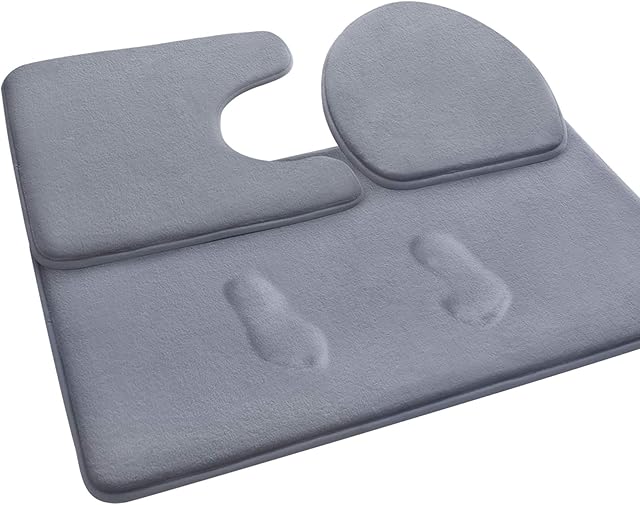 Mixoo Memory Foam Bath Mat Non Slip, 3 Piece Soft Mats Sets Absorbent Bathroom Carpet, 20x31 inches Floor Mat, 15x20 inches U-Shaped Contour Rug and Toilet Lid Cover for Tub Shower & Bath Room, Grey