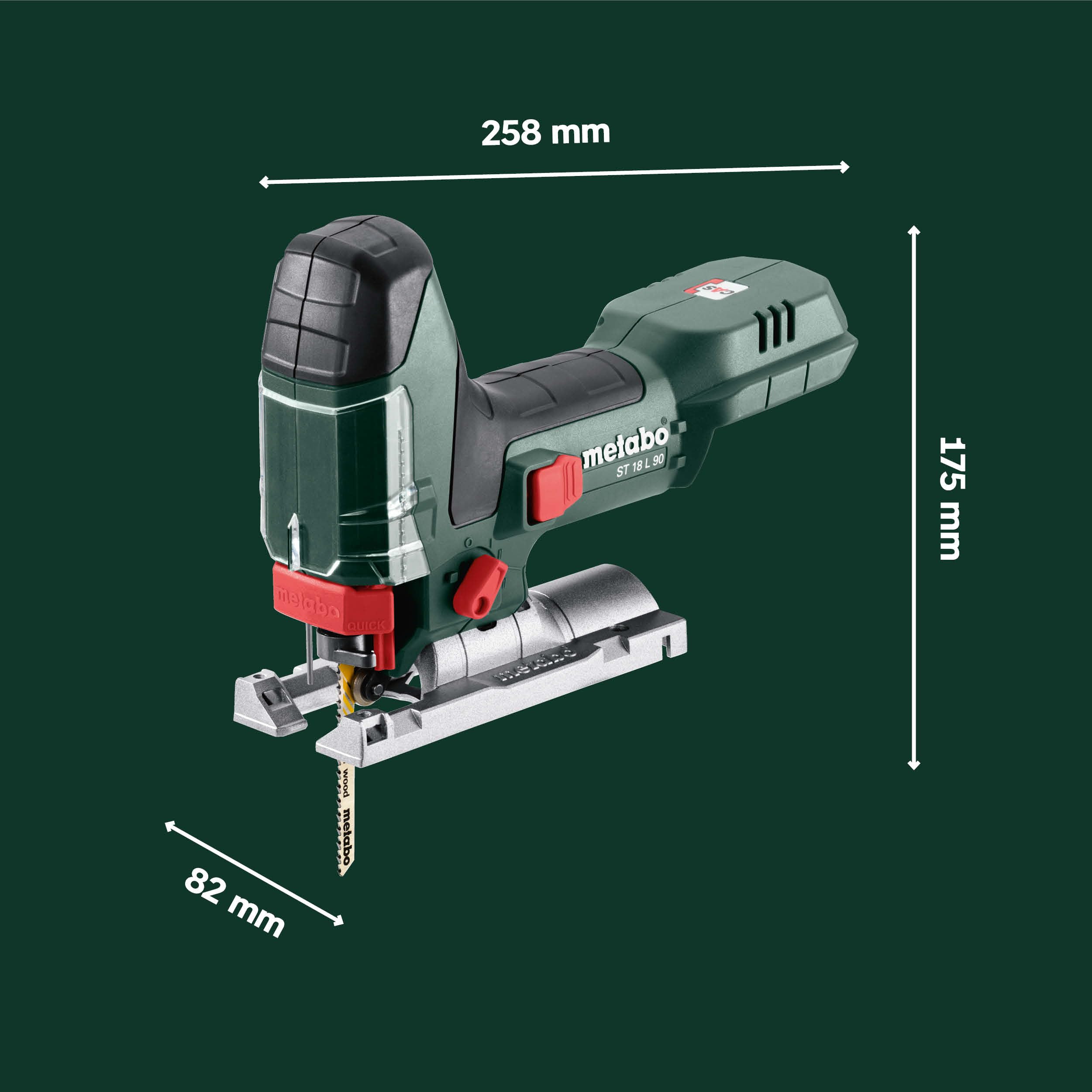 metabo Akku-Stichsäge ST 18 L 90, 18 V Säge mit Metabo Quick System | 90 mm Schnitttiefe, 3000/min Hubzahl, LED-Licht, ohne Akku und Ladegerät, inkl. 2 Sägeblätter und Absaugstutzen