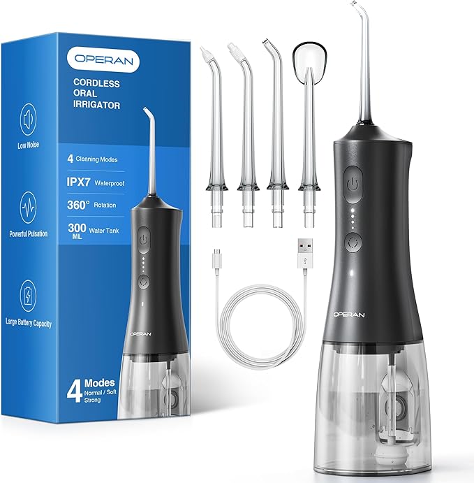Operan Cordless Water Flossers for Teeth, 300ML Rechargeable Oral Irrigator with 4 Modes & 4 Nozzles, Portable Water Flossers for Adults, IPX7 Waterproof for Home and Travel, Black,01Pack