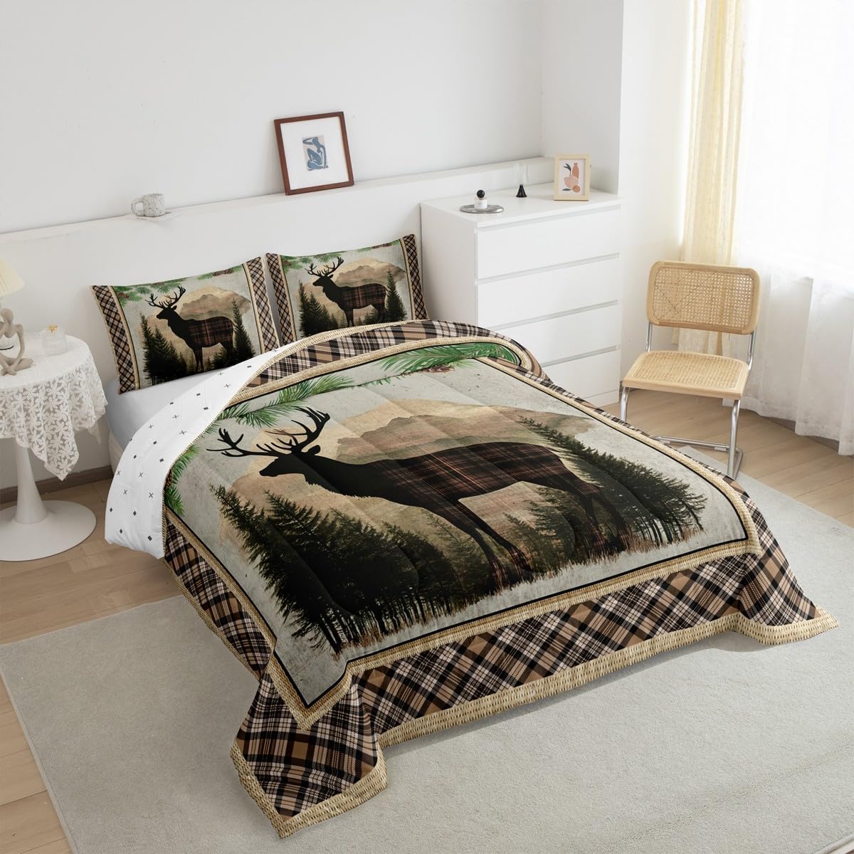 Feelyou Deer Bedding Set for Girls Boys Kids Queen Size Deer Hunting Duvet Quilt Room Decor Rustic Cabin Lodge Comforter Set Buffalo Check Wild Animal Brown Green 3Pcs Soft